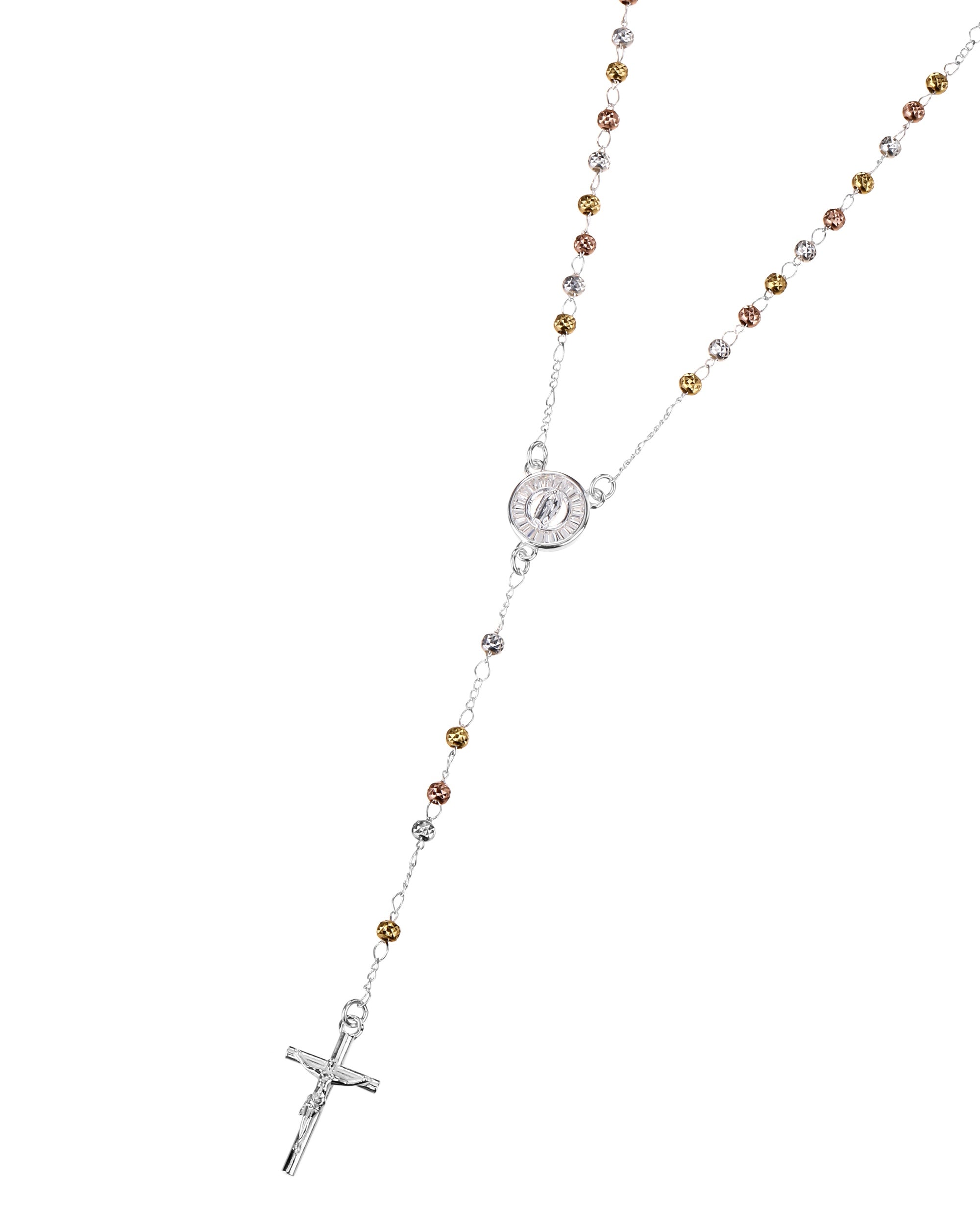 Rosario de Virgen de Guadalupe con circonia blanca 3mm en florentino