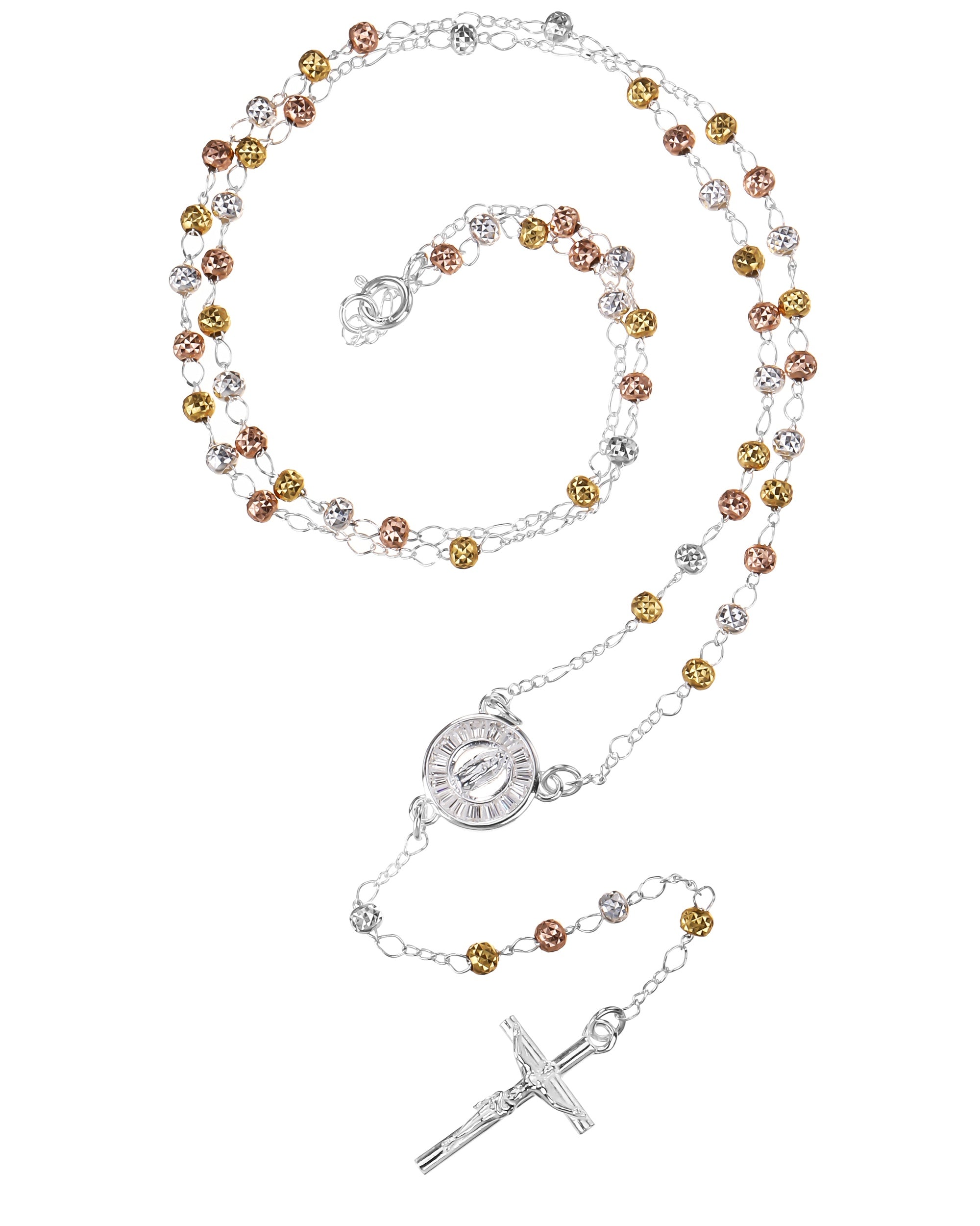 Rosario de Virgen de Guadalupe con circonia blanca 3mm en florentino
