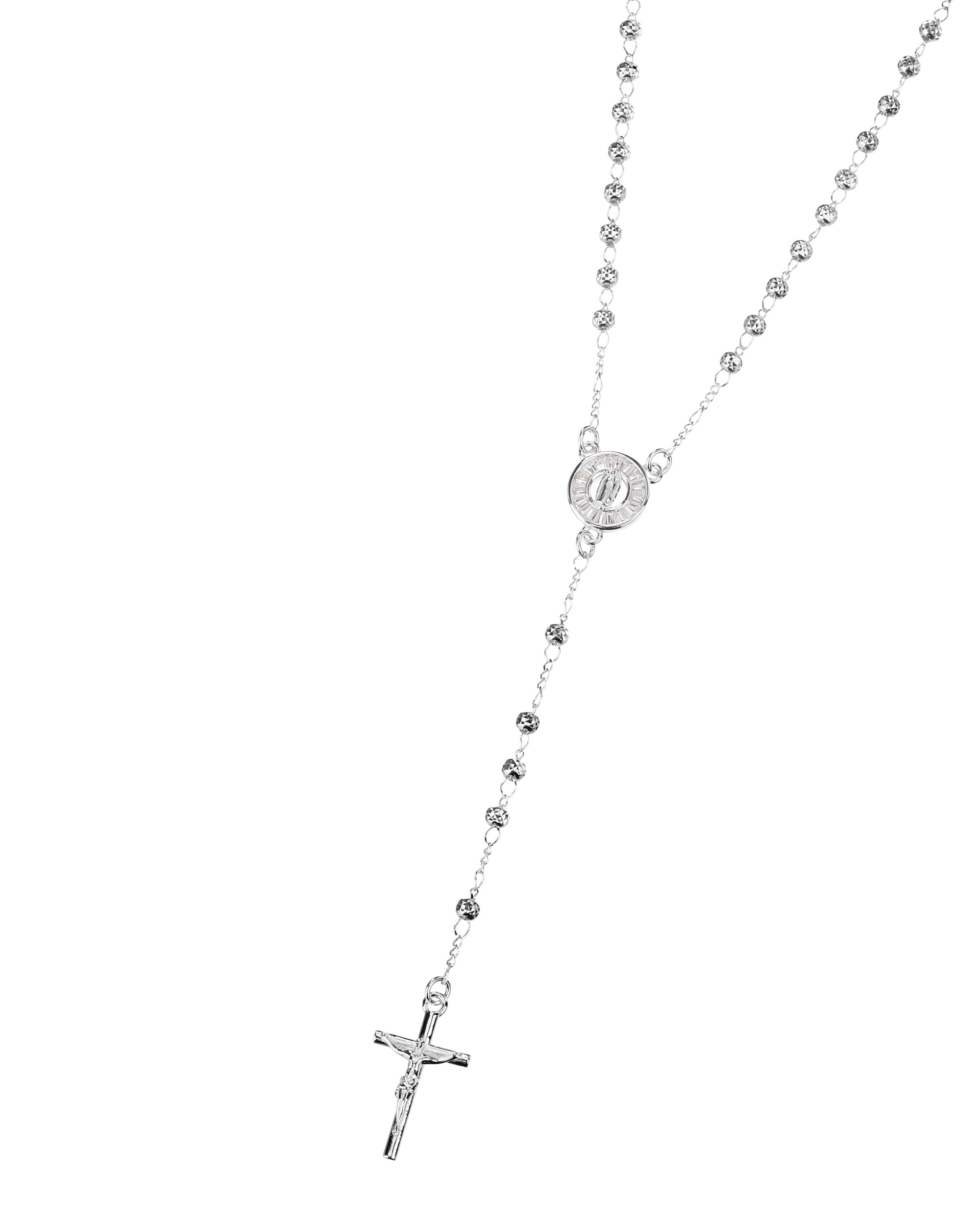 Rosario de Virgen de Guadalupe con circonia blanca 3mm en plateado