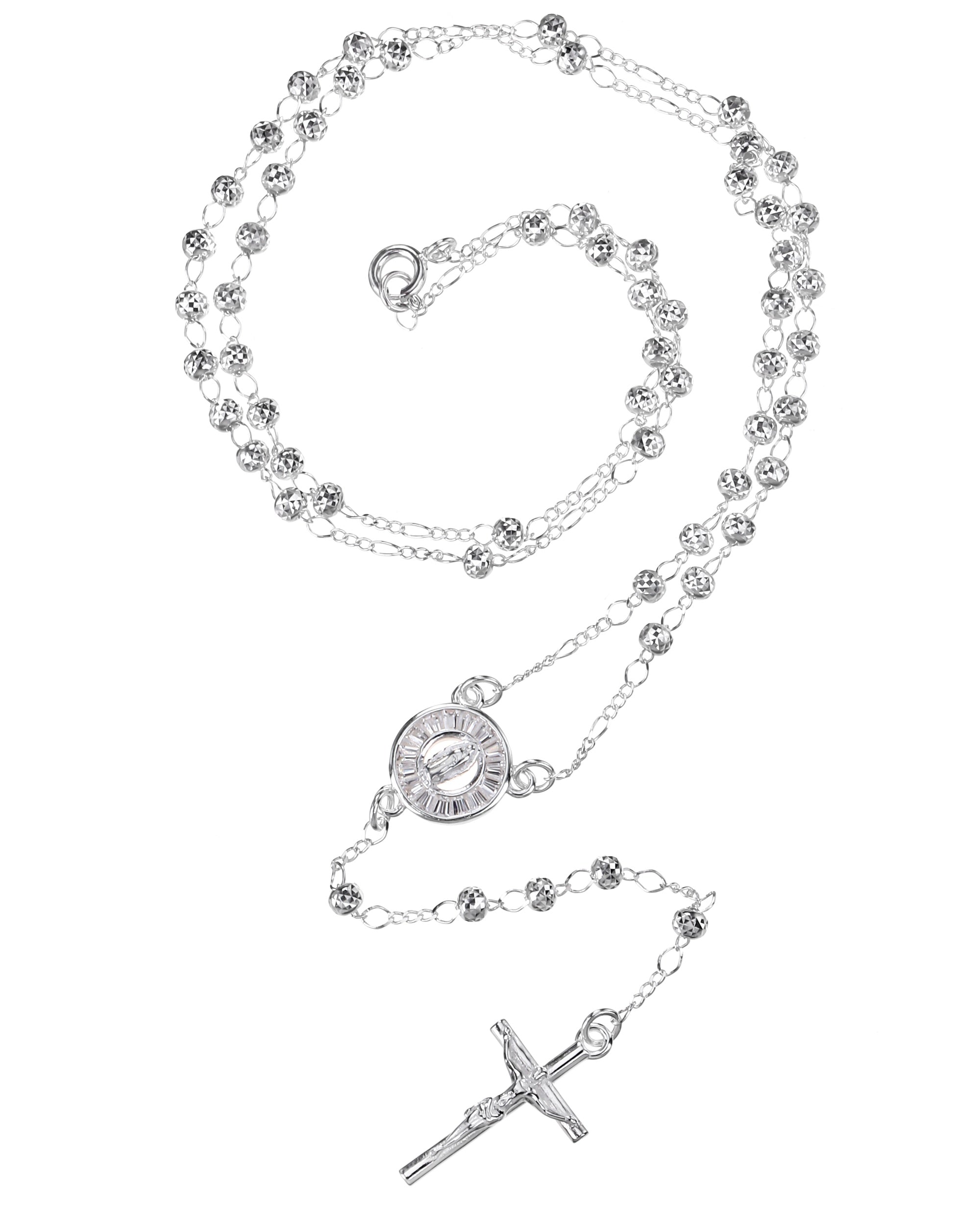 Rosario de Virgen de Guadalupe con circonia blanca 3mm en plateado
