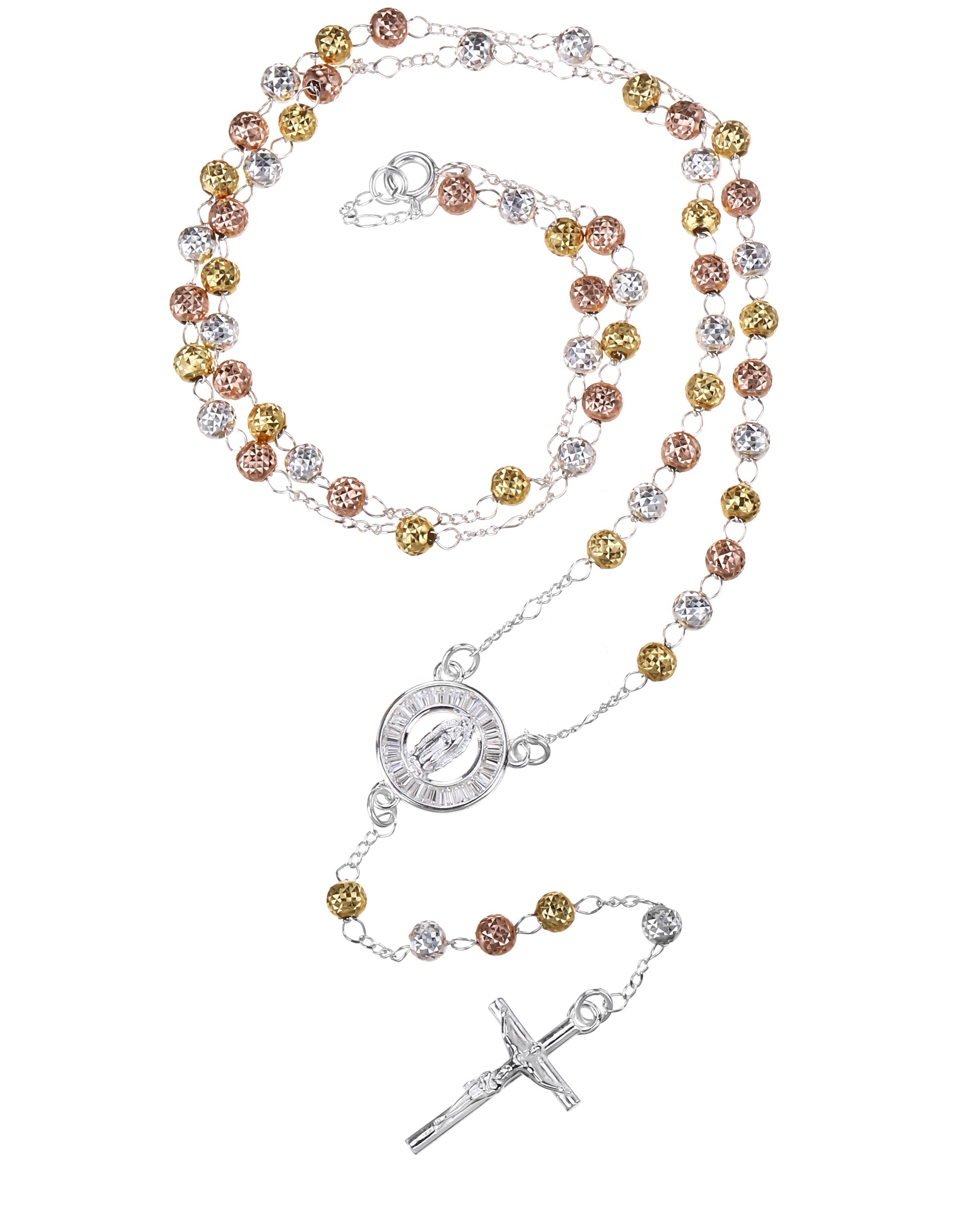 Rosario de Virgen de Guadalupe con circonia blanca 4mm en florentino