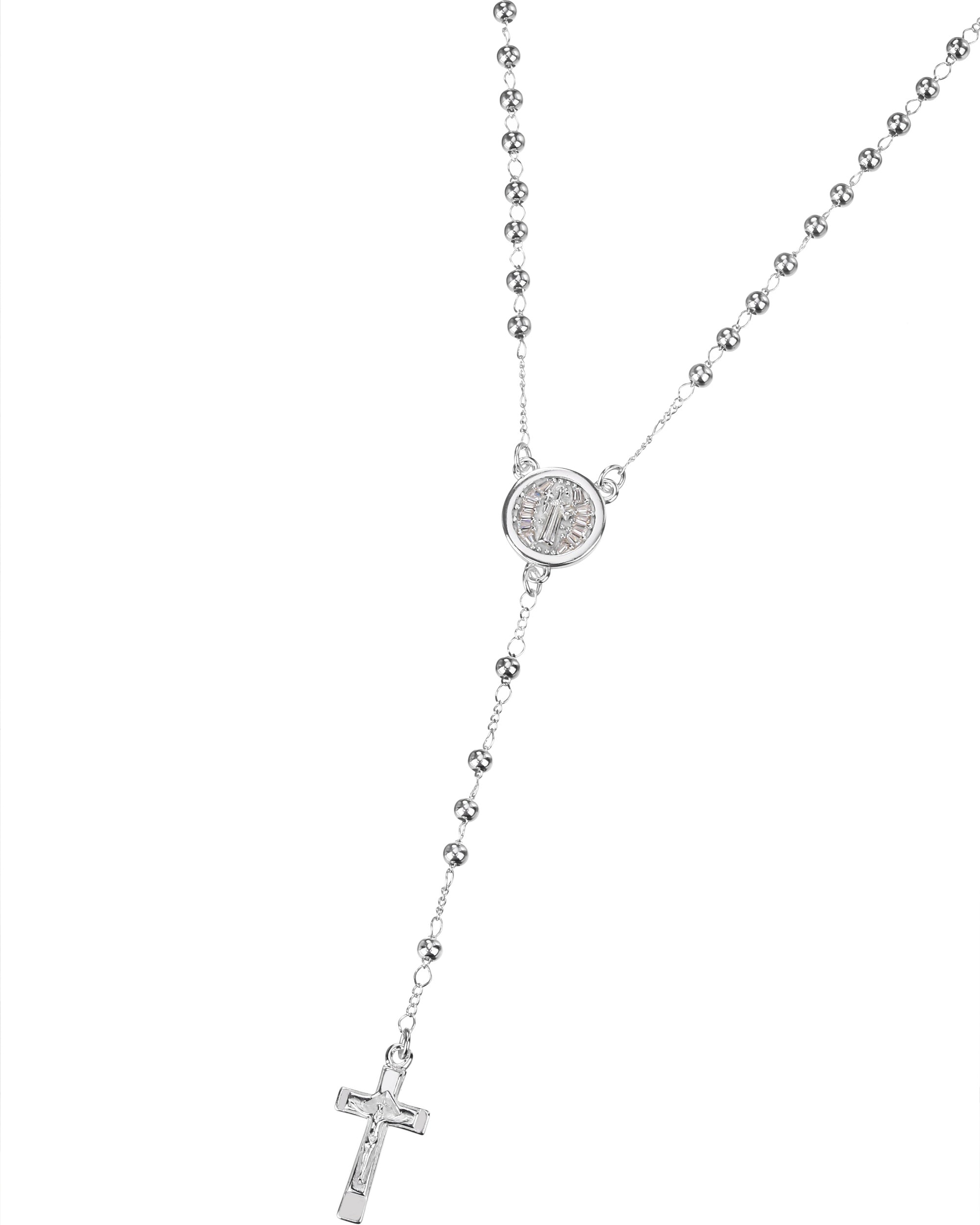 Rosario de San Benito con circonia blanca 3mm en plateado