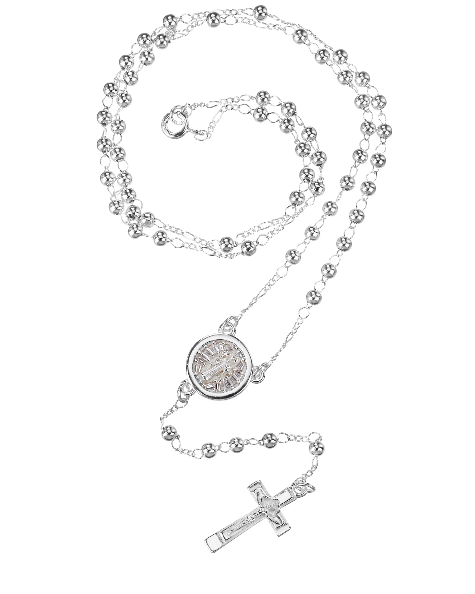 Rosario de San Benito con circonia blanca 3mm en plateado