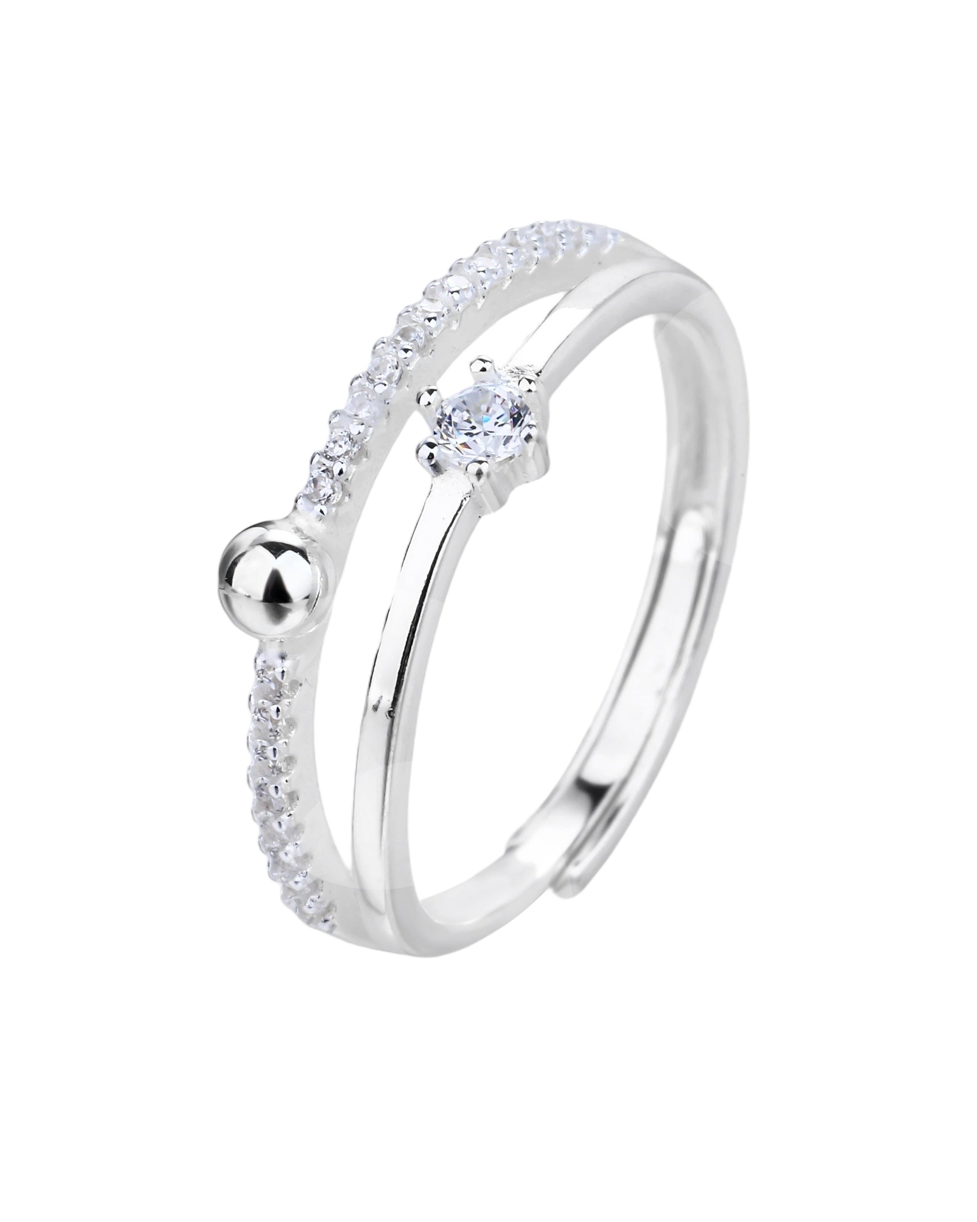 Anillo ajustable doble con circonia bola blanca en plateado