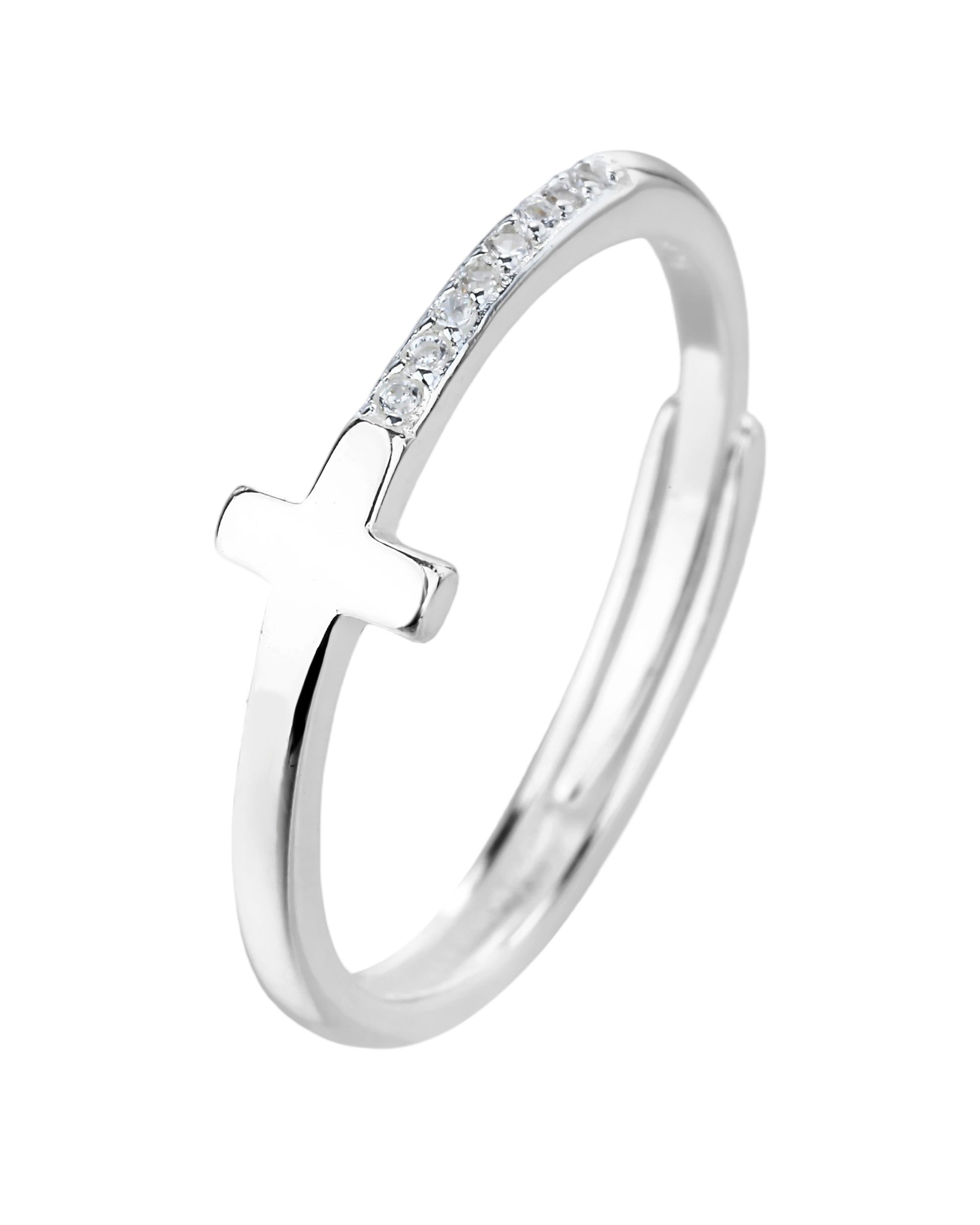 Anillo ajustable de Cruz con circonia blanca en plateado