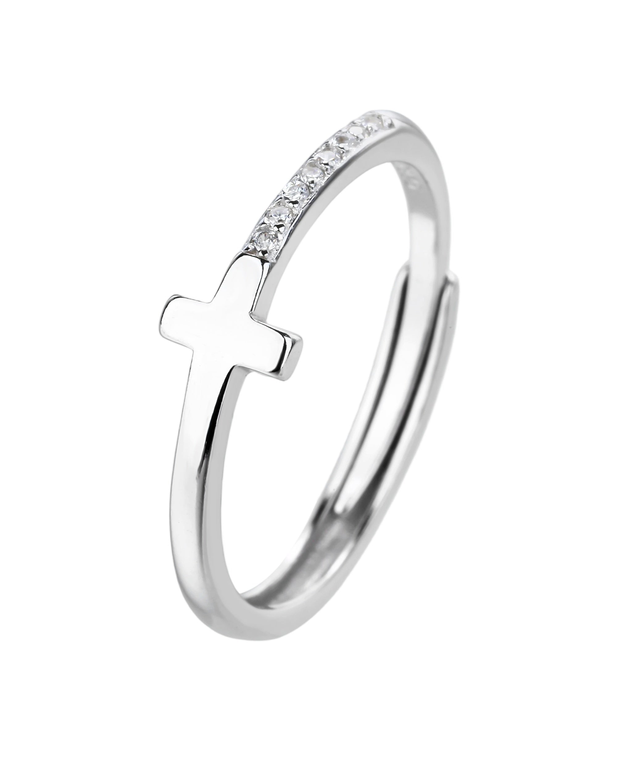 Anillo ajustable de Cruz con circonia blanca en rodizado
