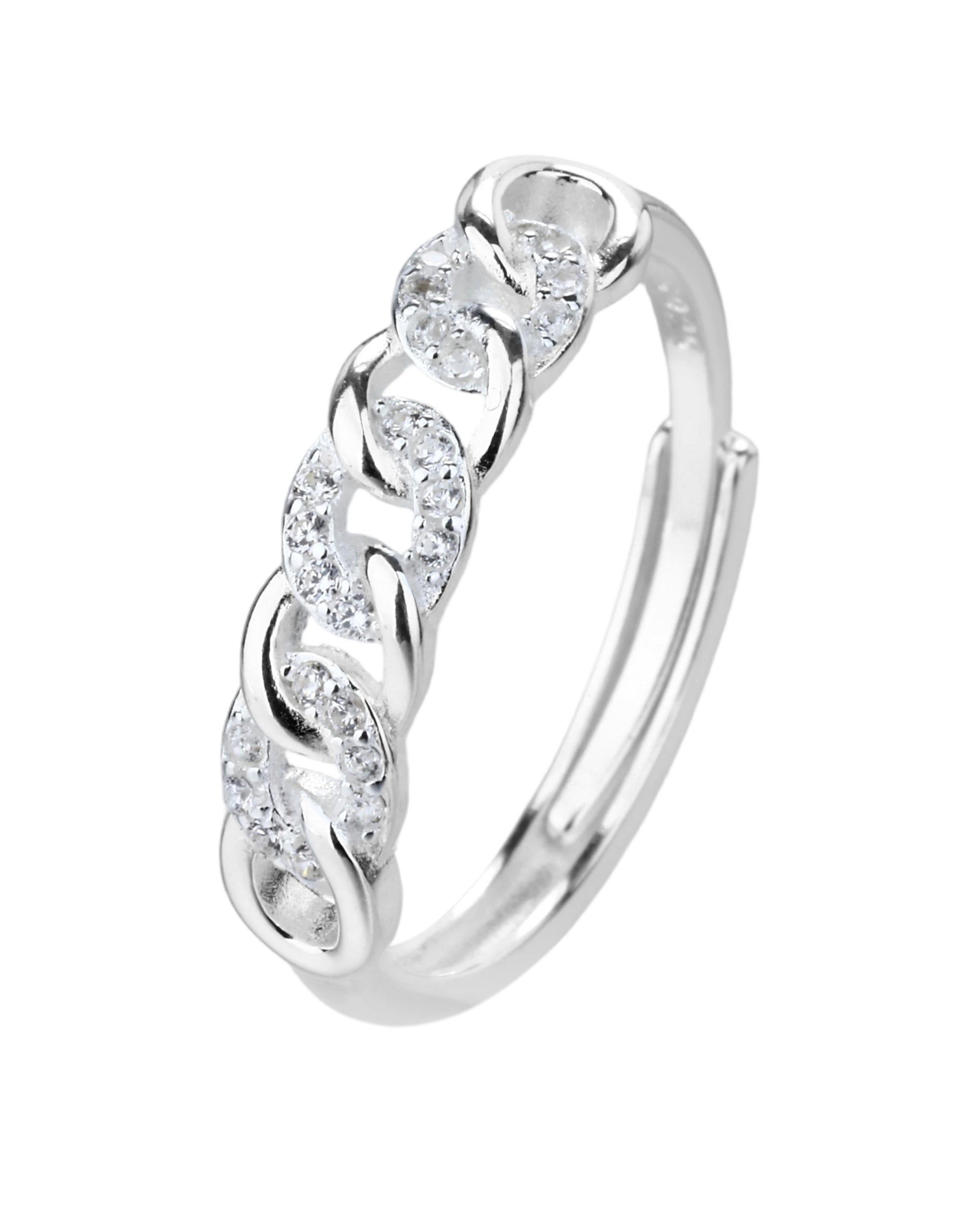 Anillo ajustable de eslabones con circonia blanca en plateado