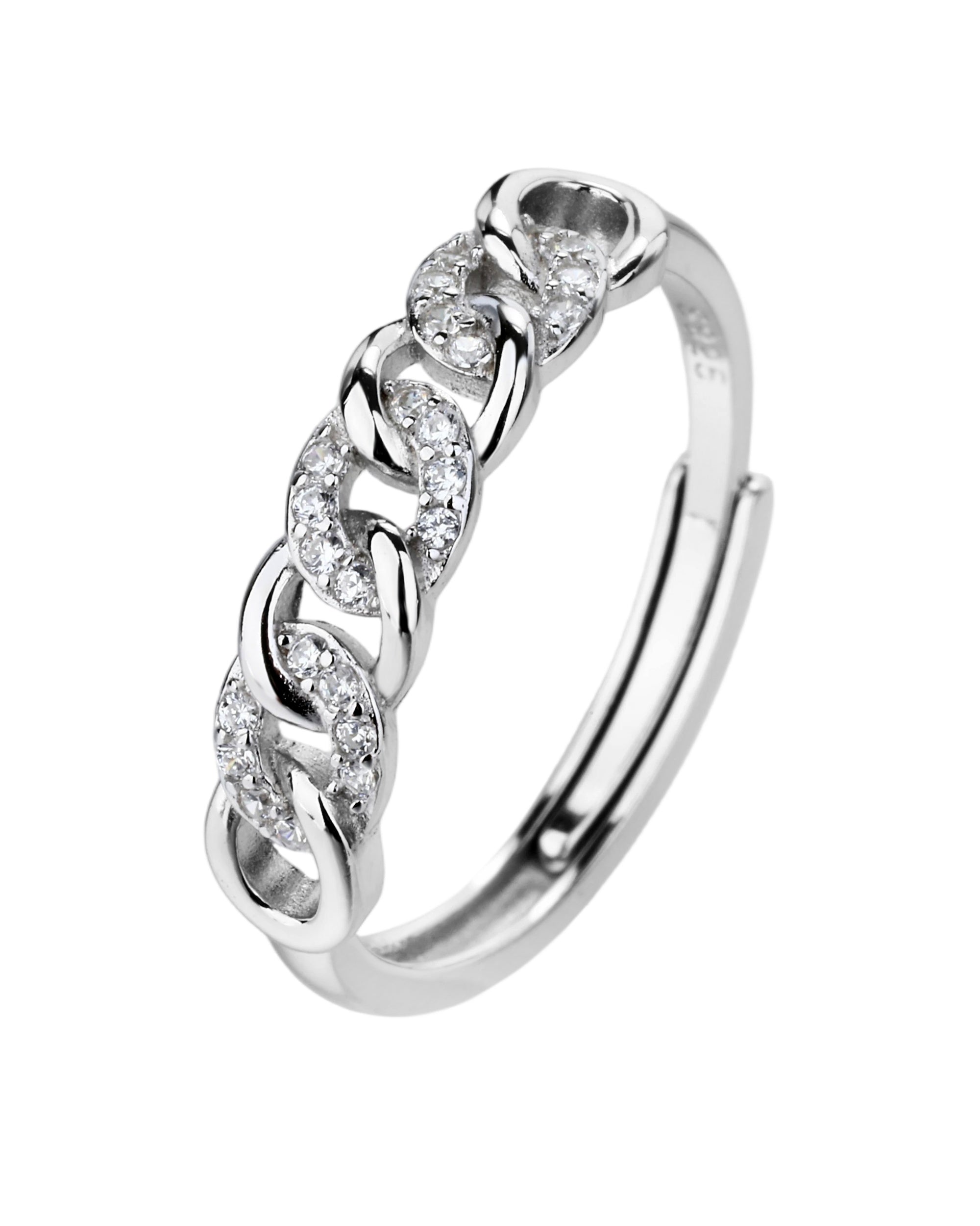 Anillo ajustable de eslabones con circonia blanca en rodizado