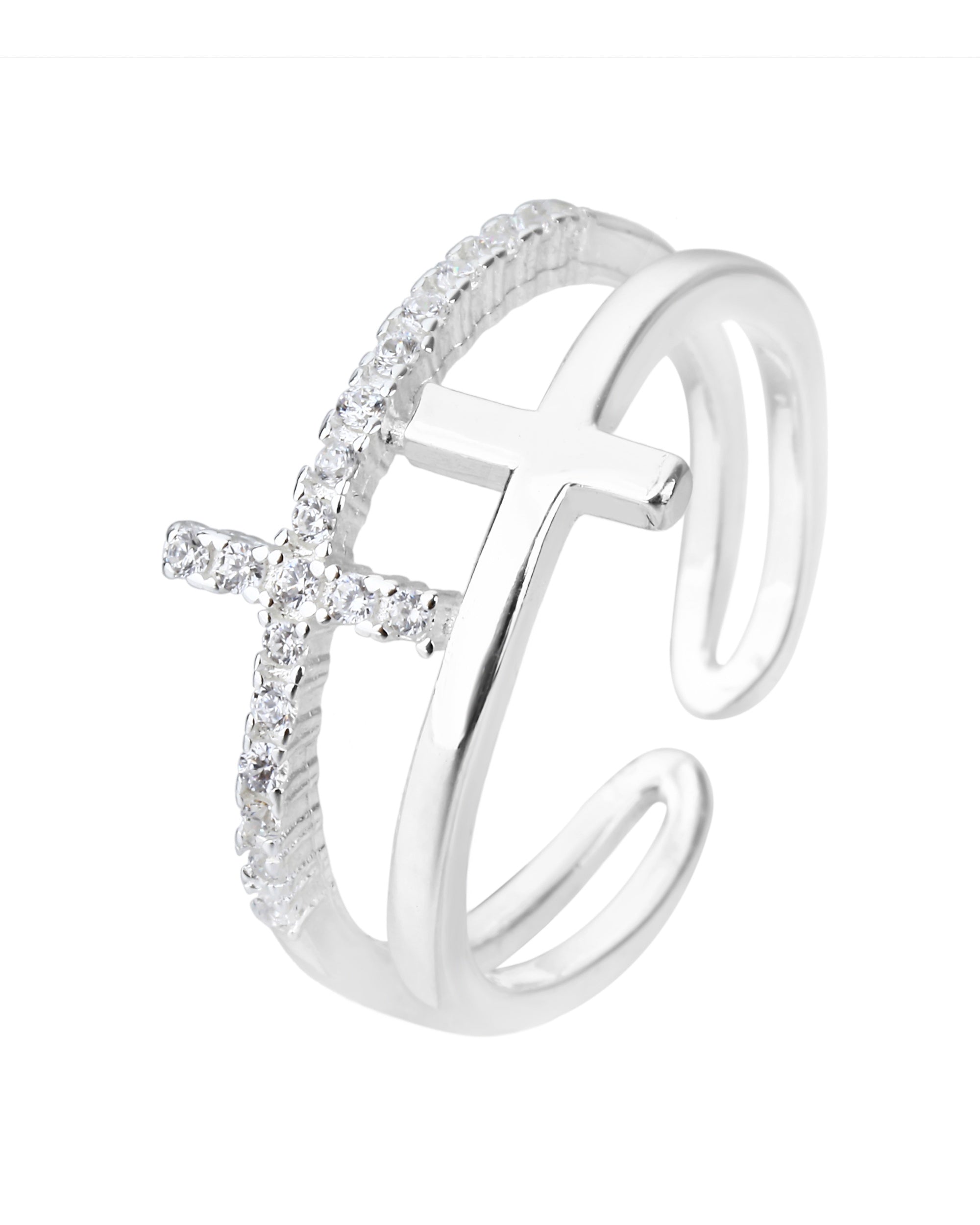 Anillo ajustable de doble Cruz con circonia blanca en plateado