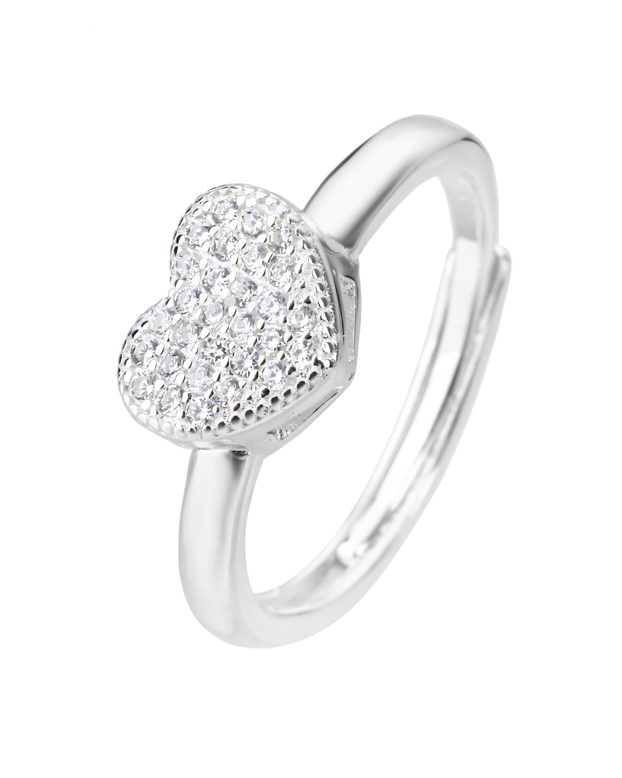 Anillo ajustable de corazon con circonia blanca en plateado