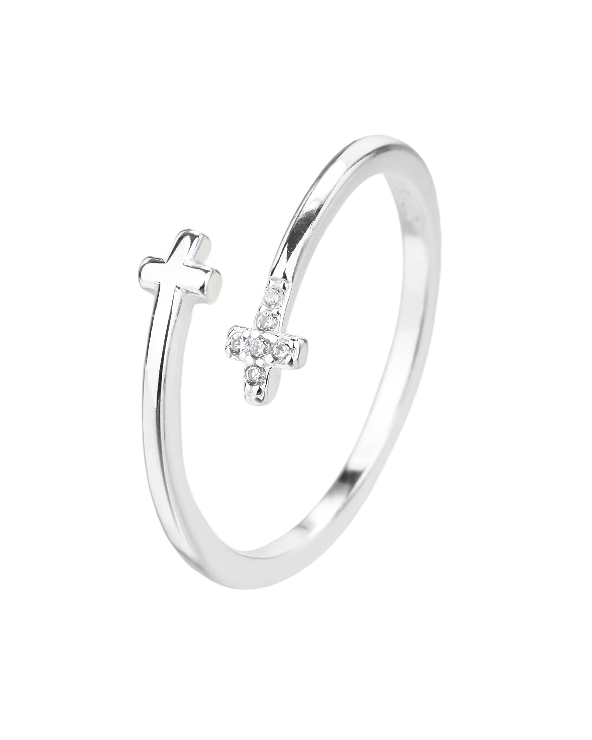 Anillo bypass de cruces con circonia blanca en plateado