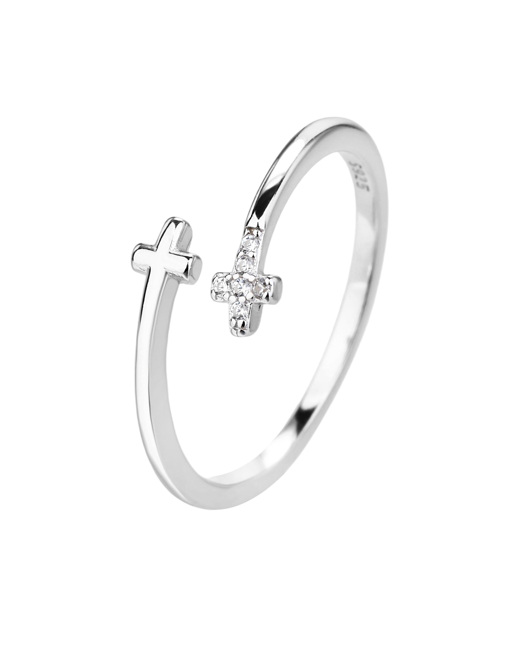 Anillo bypass de cruces con circonia blanca en rodizado
