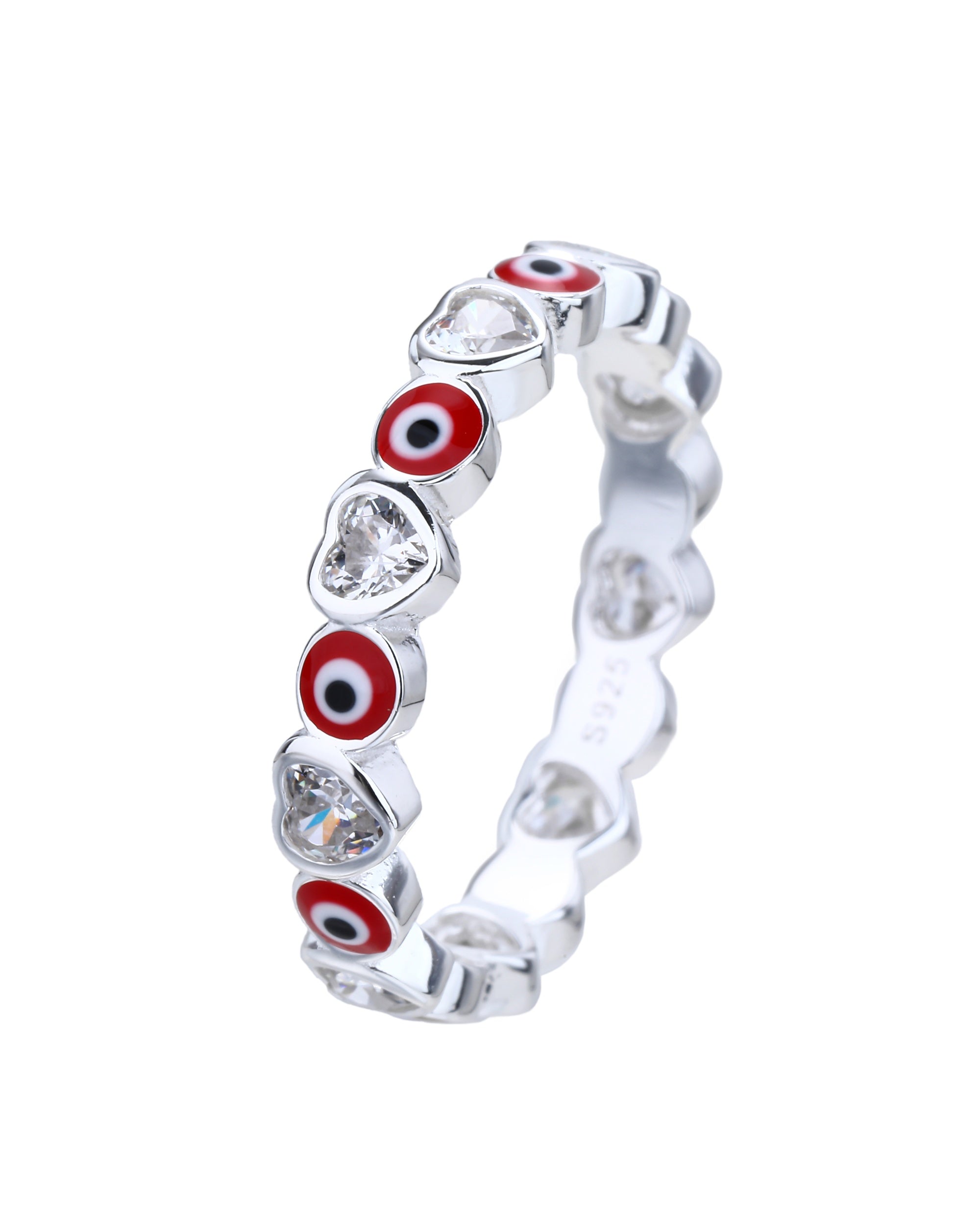 Anillo sencillo de corazon con ojitos rojo en plateado