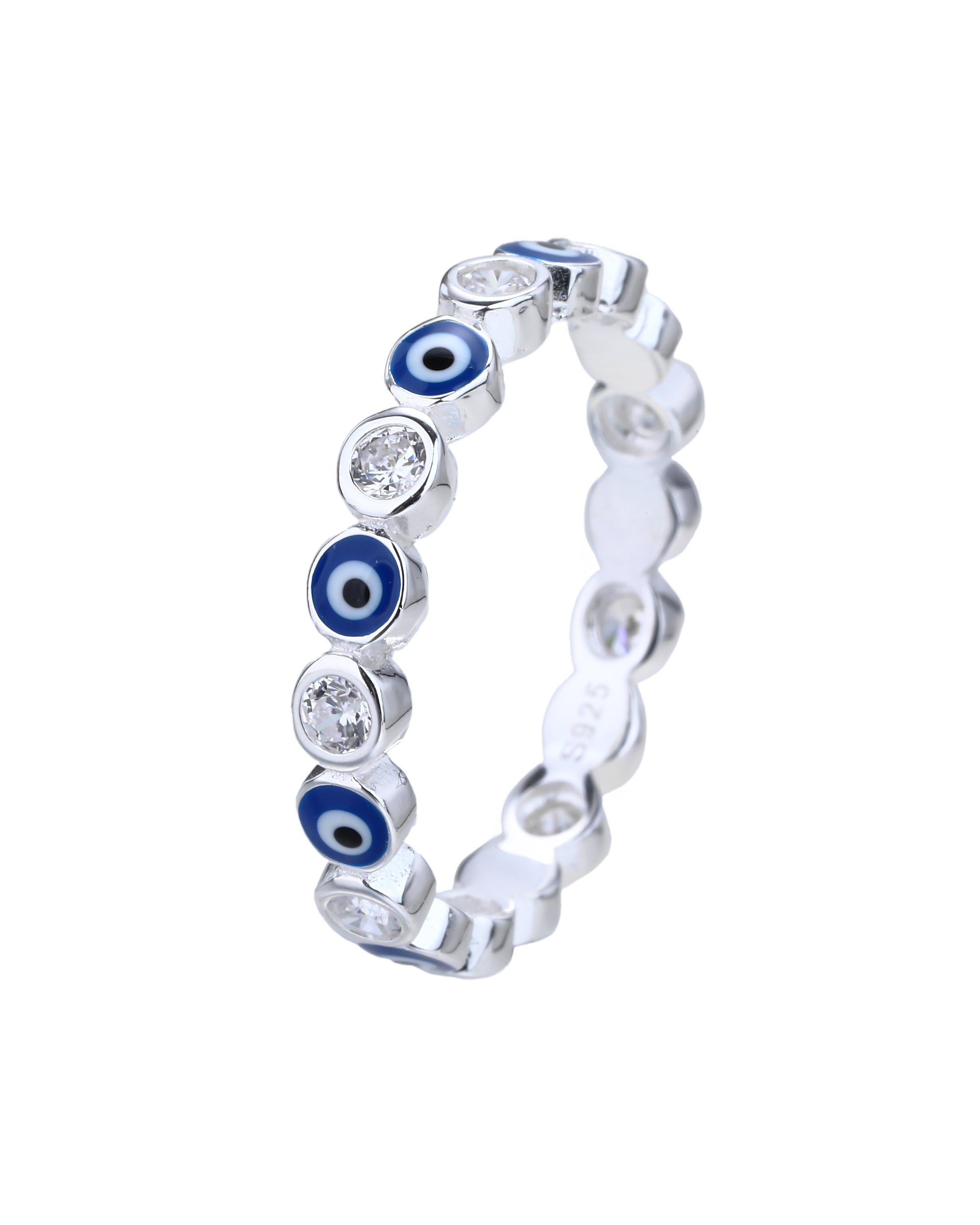 Anillo sencillo con ojitos redondos azul en plateado