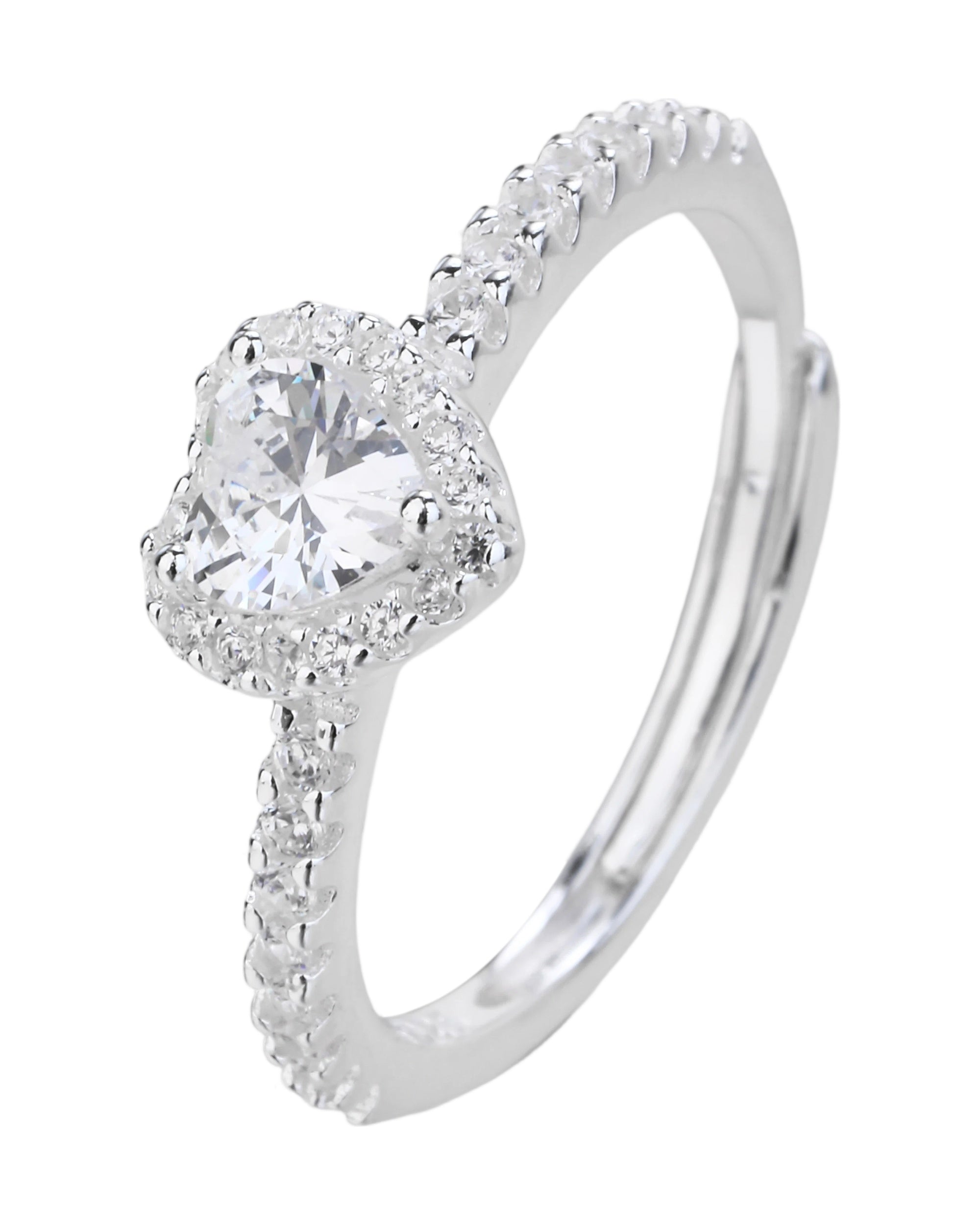 Solitario ajustable con circonia corazon blanca en plateado