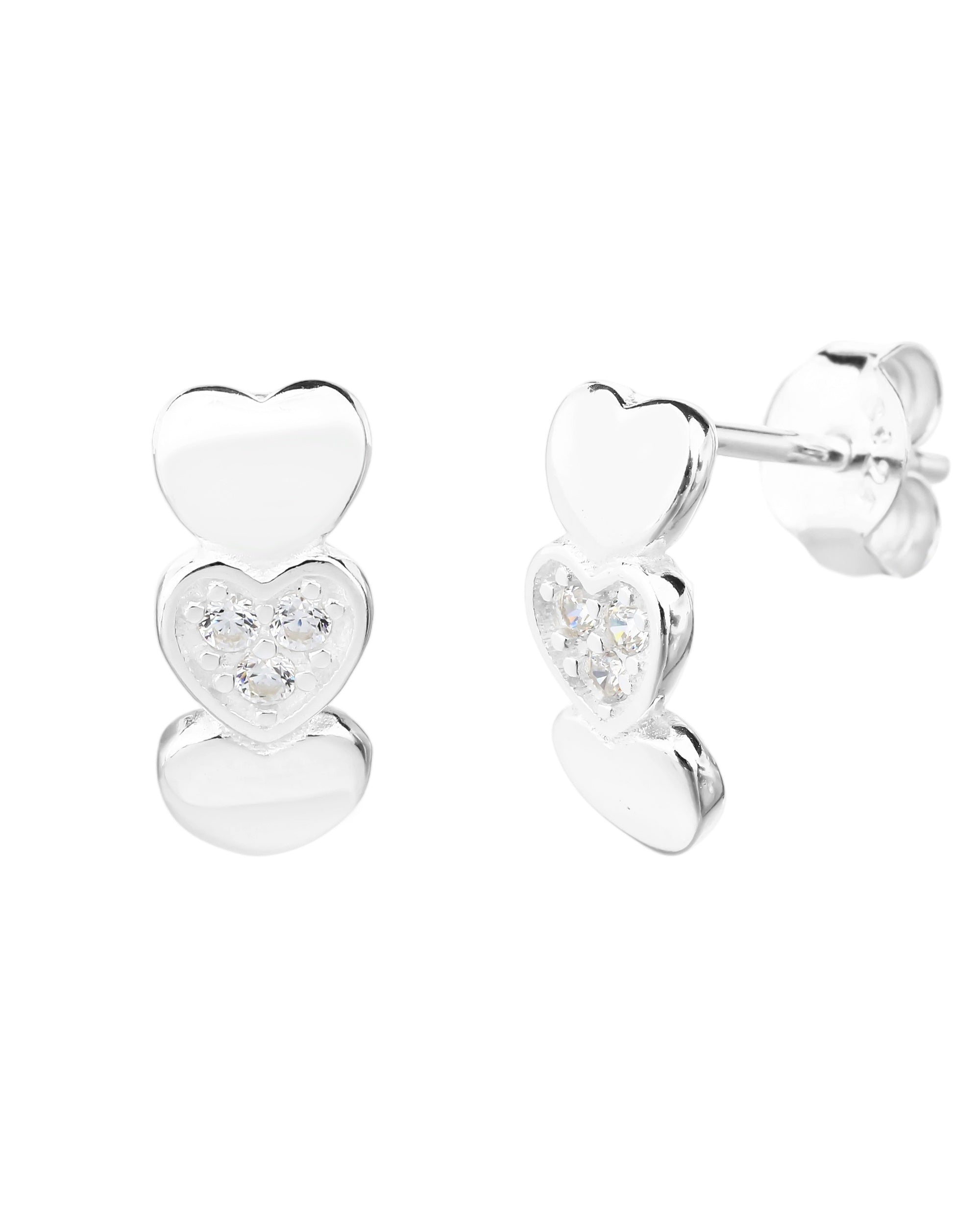 Broquel de corazones lisos con circonia blanca en plateado