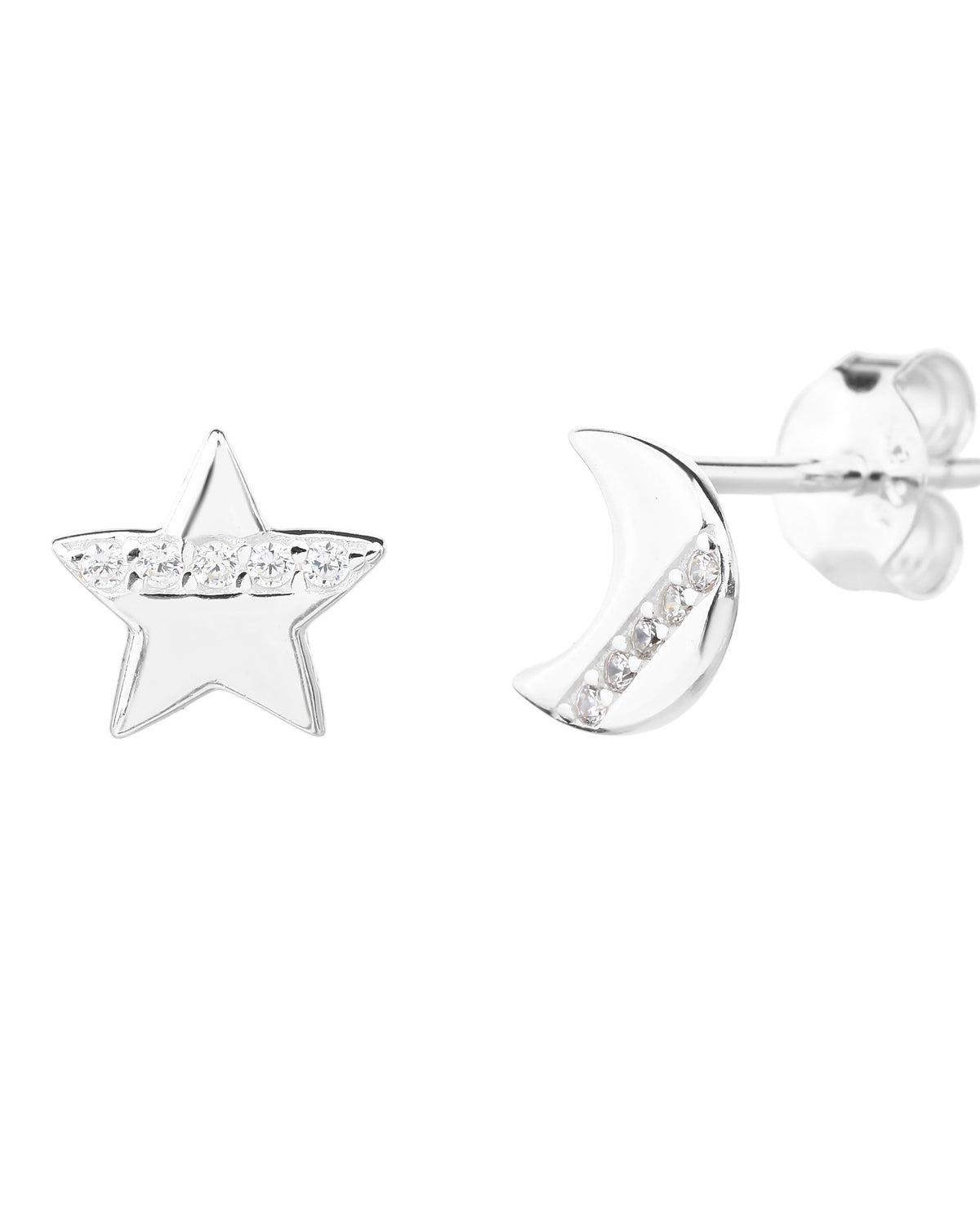 Broquel de luna y estrella liso con circonia blanca en plateado