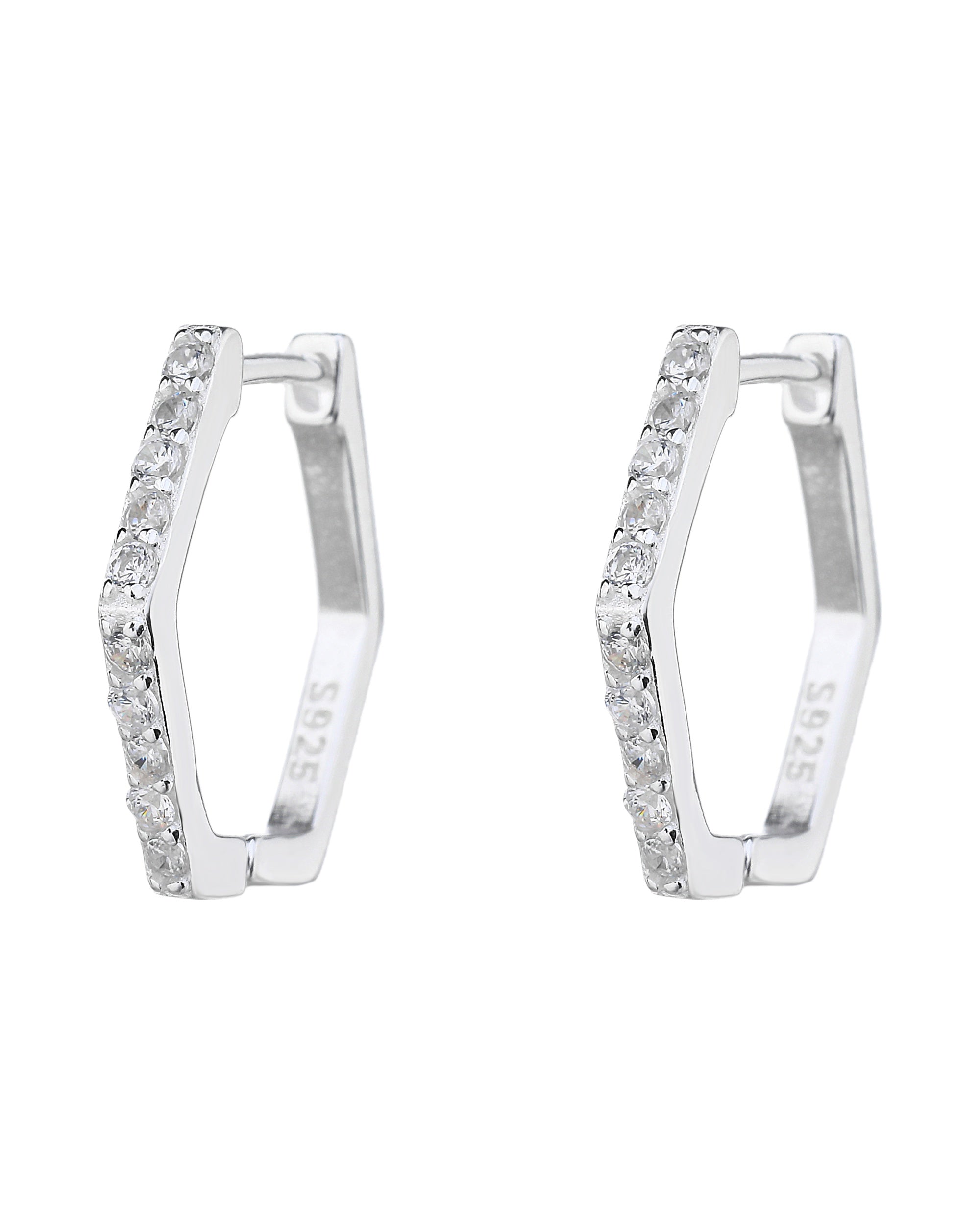Huggies hexagonal con circonia blanca 14mm en plateado