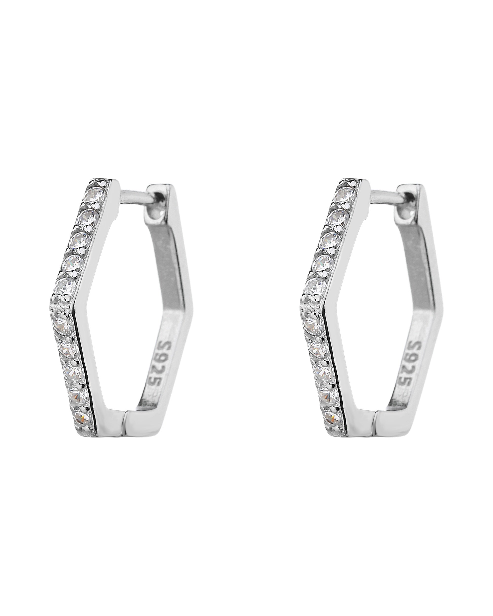 Huggies hexagonal con circonia blanca 14mm en rodizado