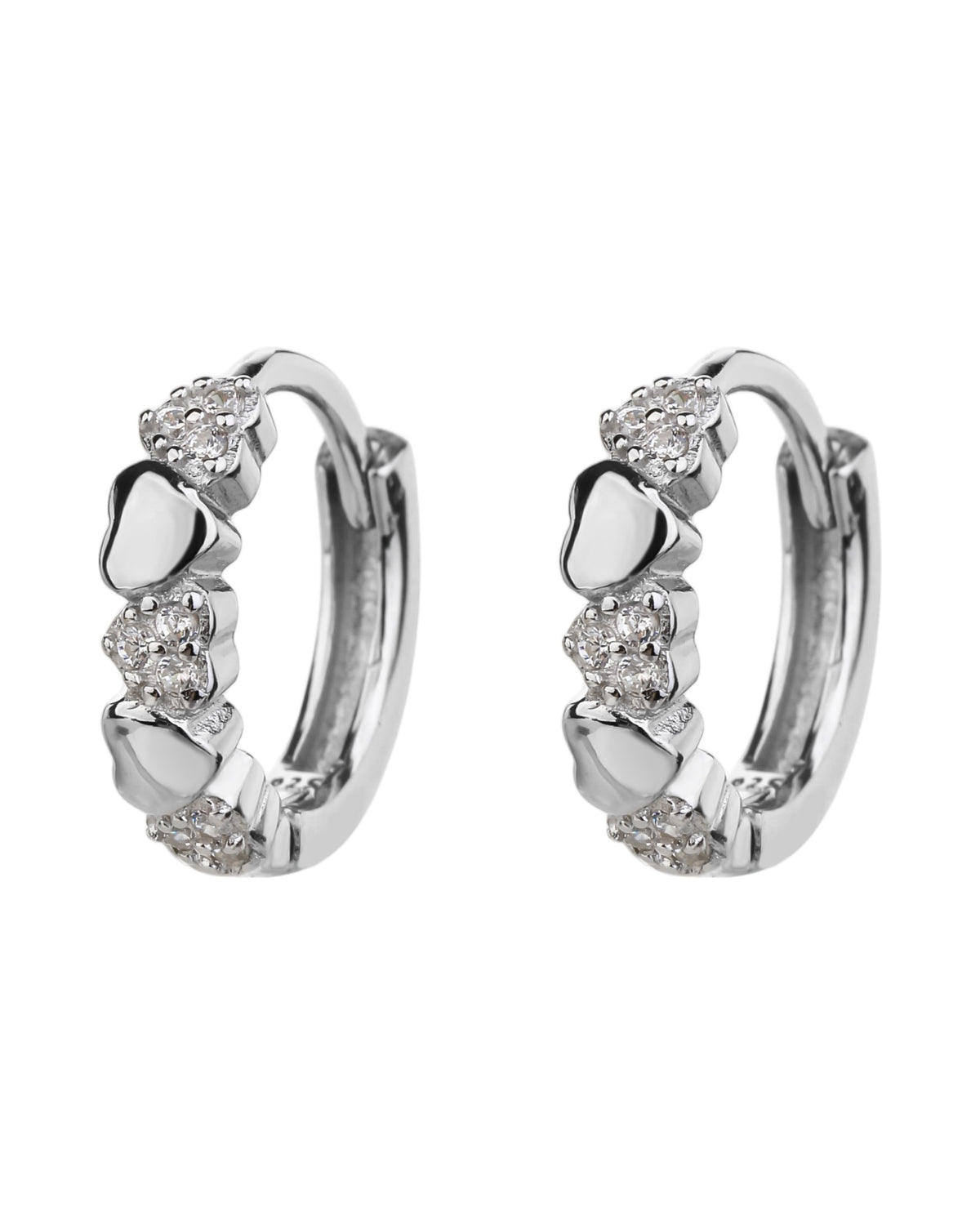 Huggie con corazones lisos e incrustaciones de circonias 12mm en rodizado