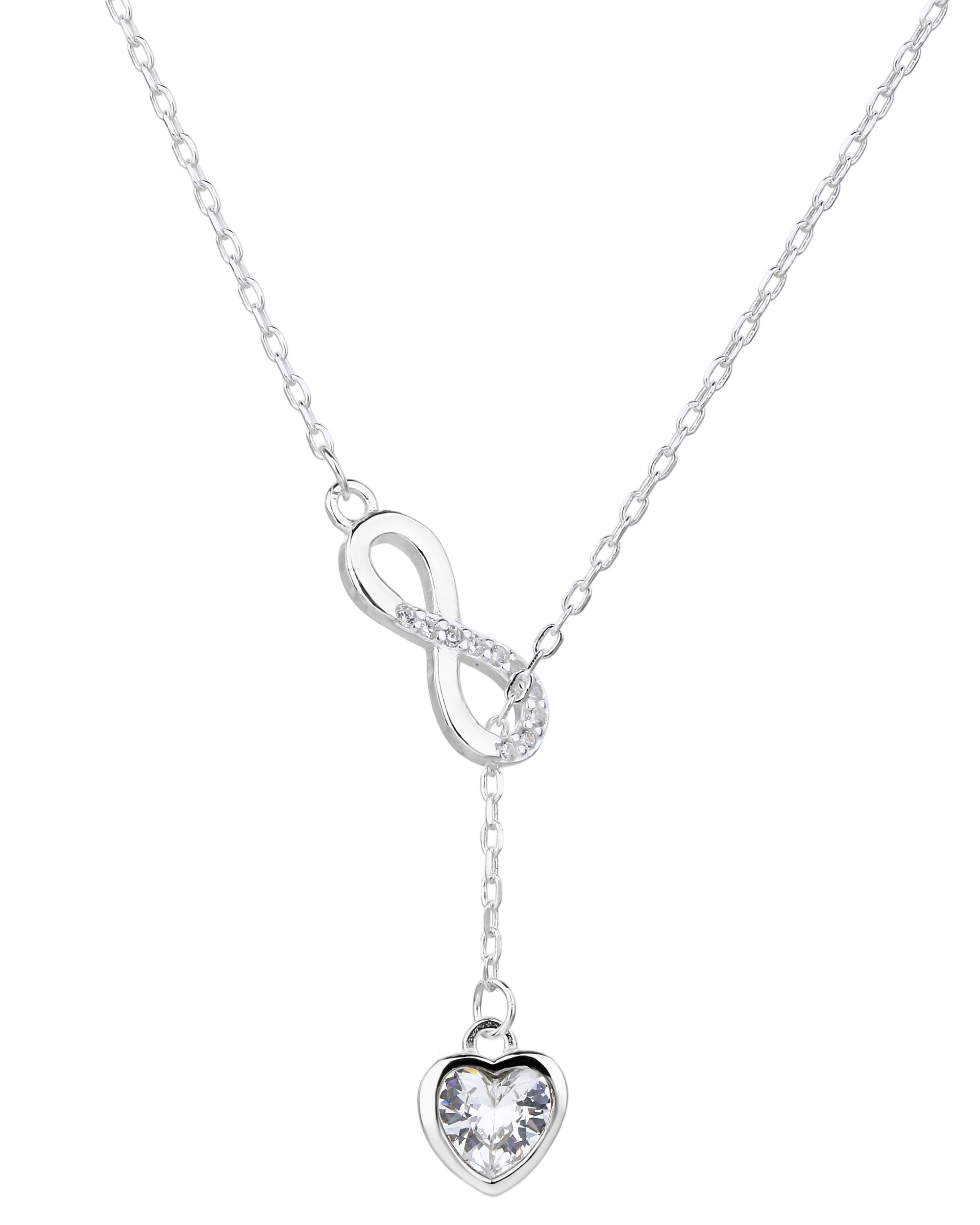 Collar sencillo de infinito y corazon colgante con circonia blanca 45+5cm en plateado