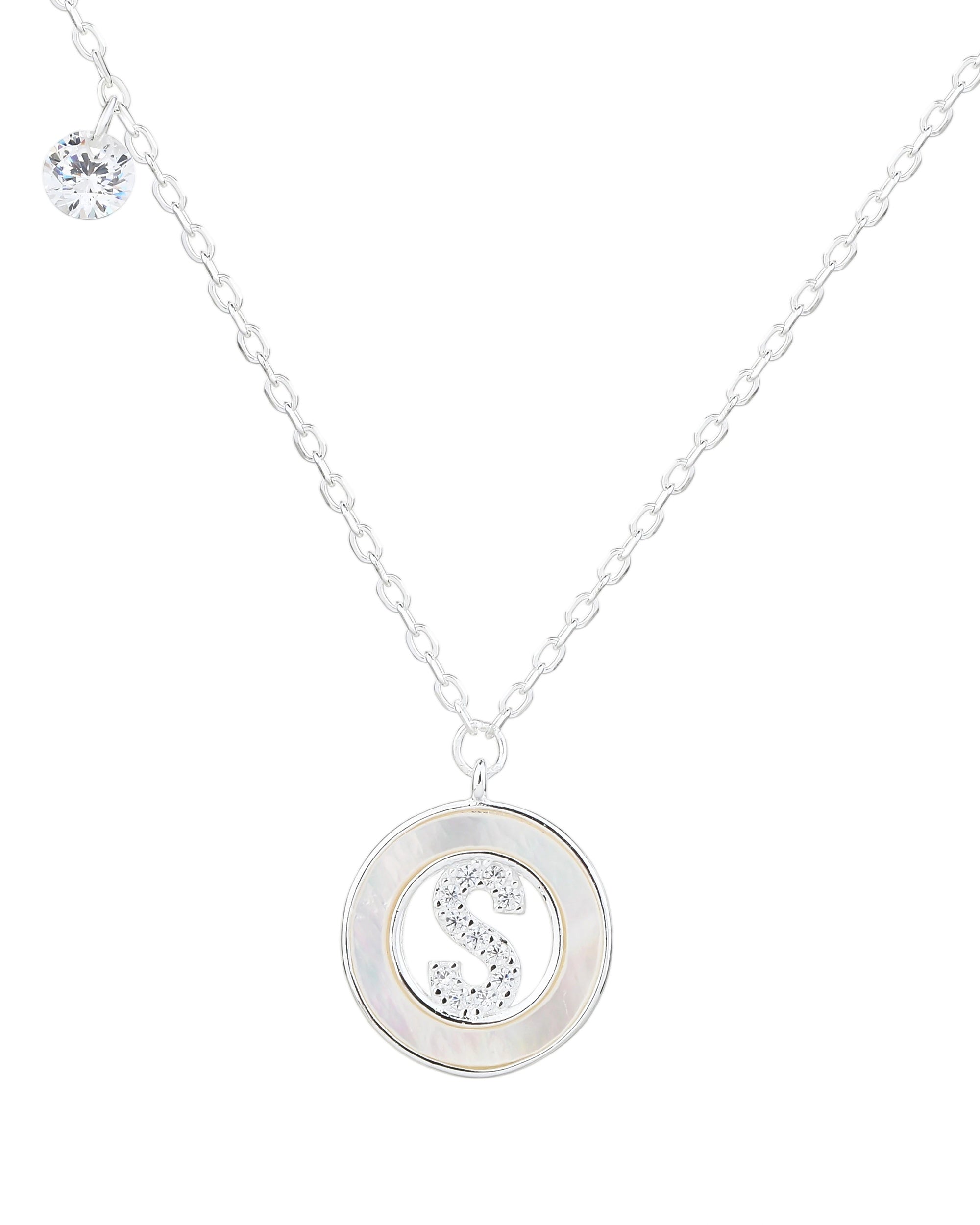 Collar de letra madre perla con circonia blanca 45+5cm en plateado