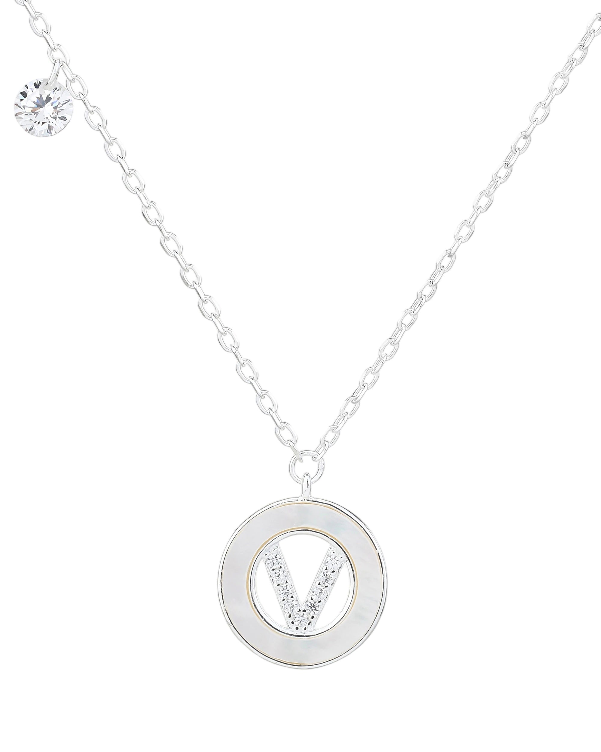 Collar de letra madre perla con circonia blanca 45+5cm en plateado