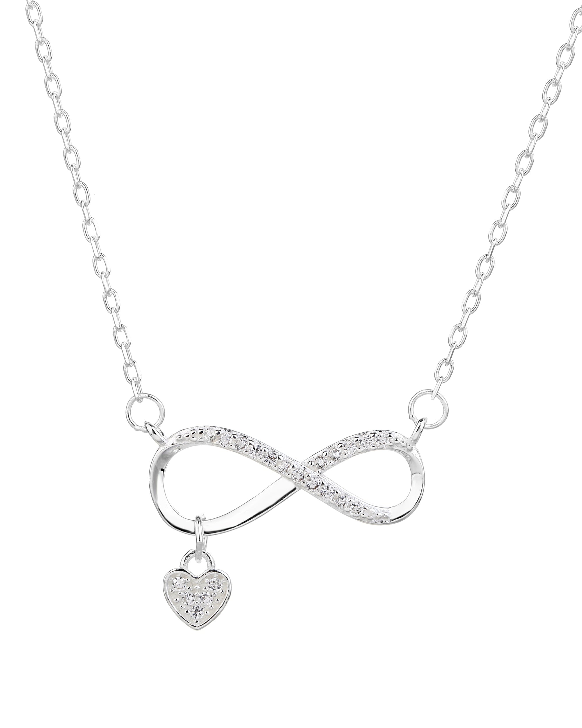 Collar sencillo de corazon e infinito con circonia blanca 42+3cm en plateado