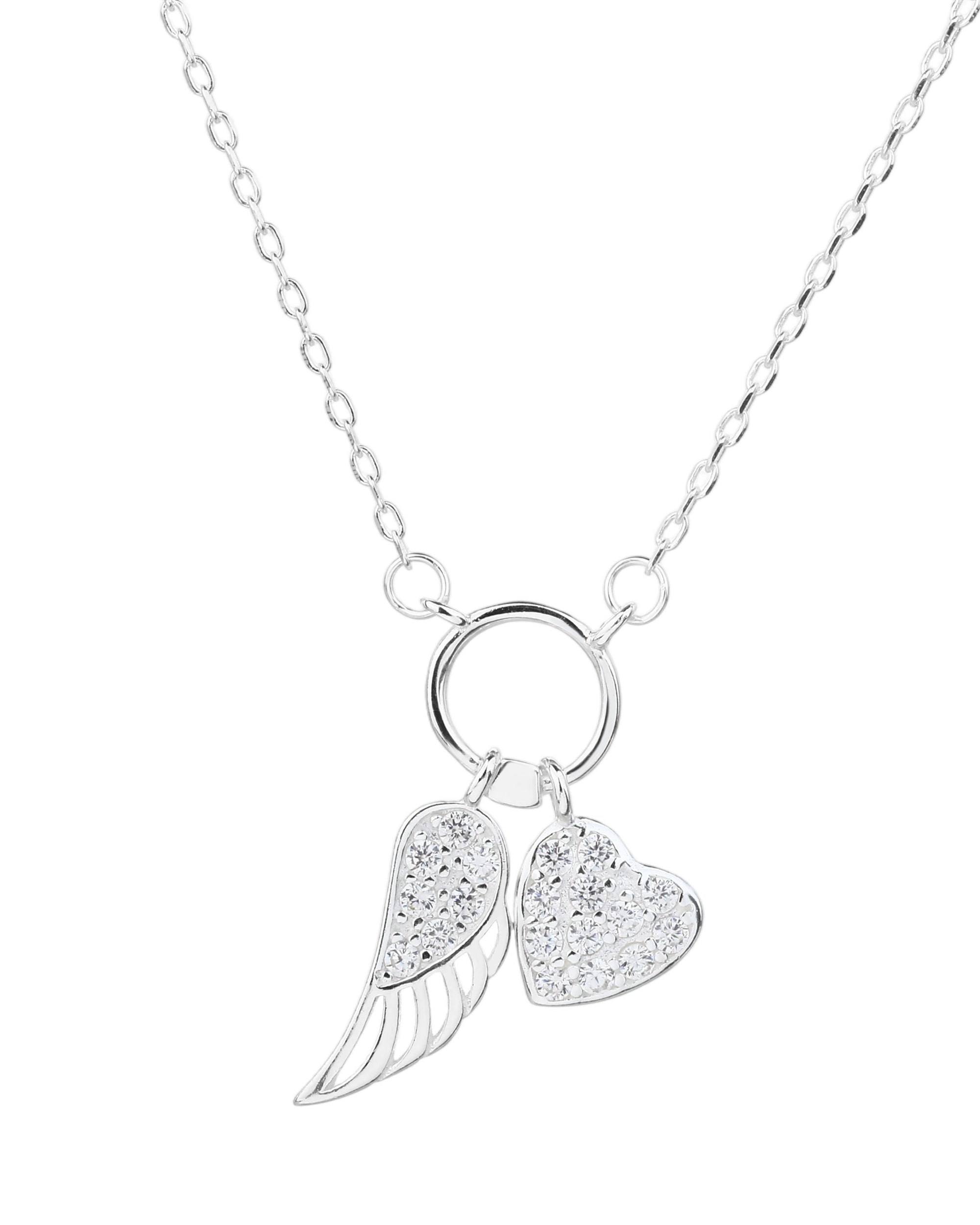 Collar sencillo de ala y corazon con circonias blanca 42cm en plateado