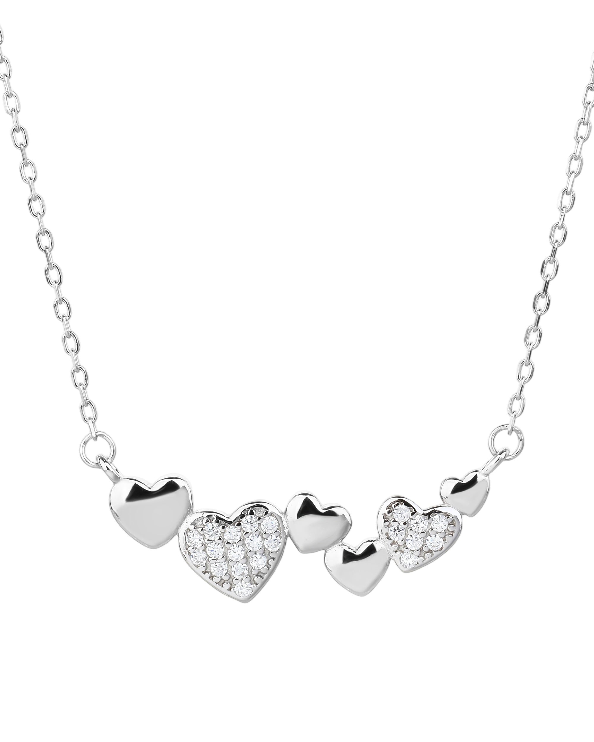 Collar de corazones escalonados lisos y con circonias blanca 42cm en rodizado