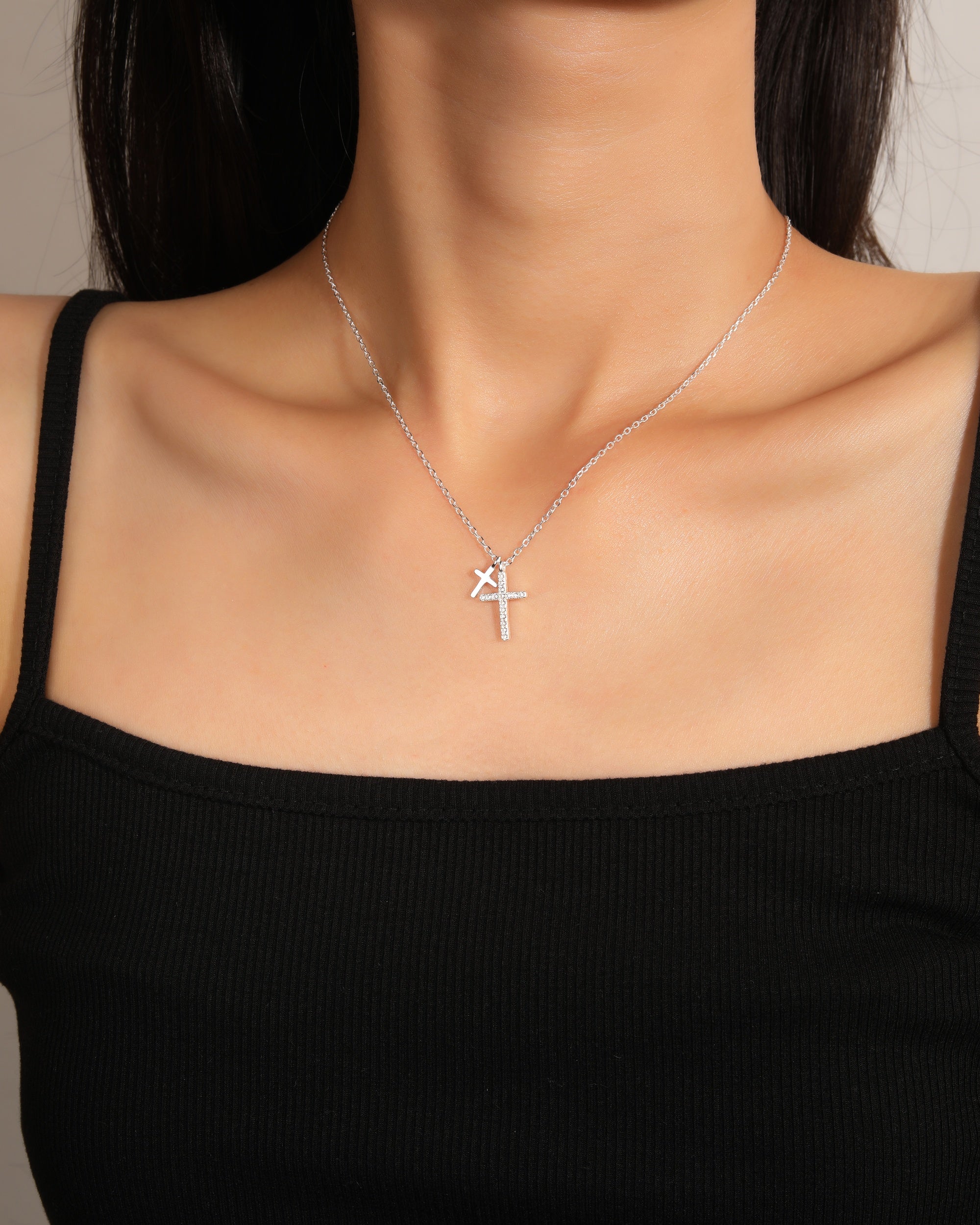 Collar doble de cruces con circonia blanca 45+5cm en plateado