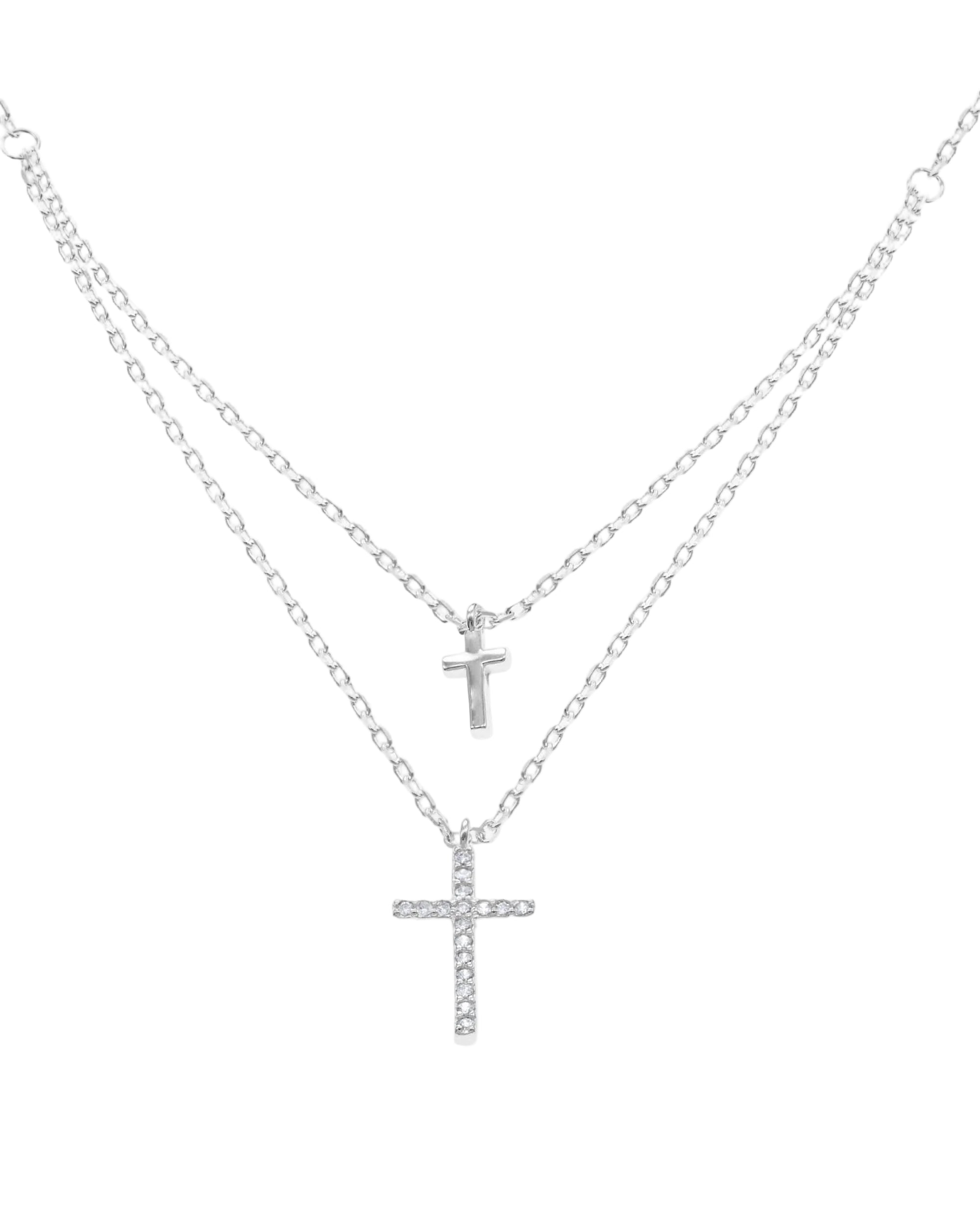 Collar doble con cruces con circonias blanca 45+5cm en rodizado