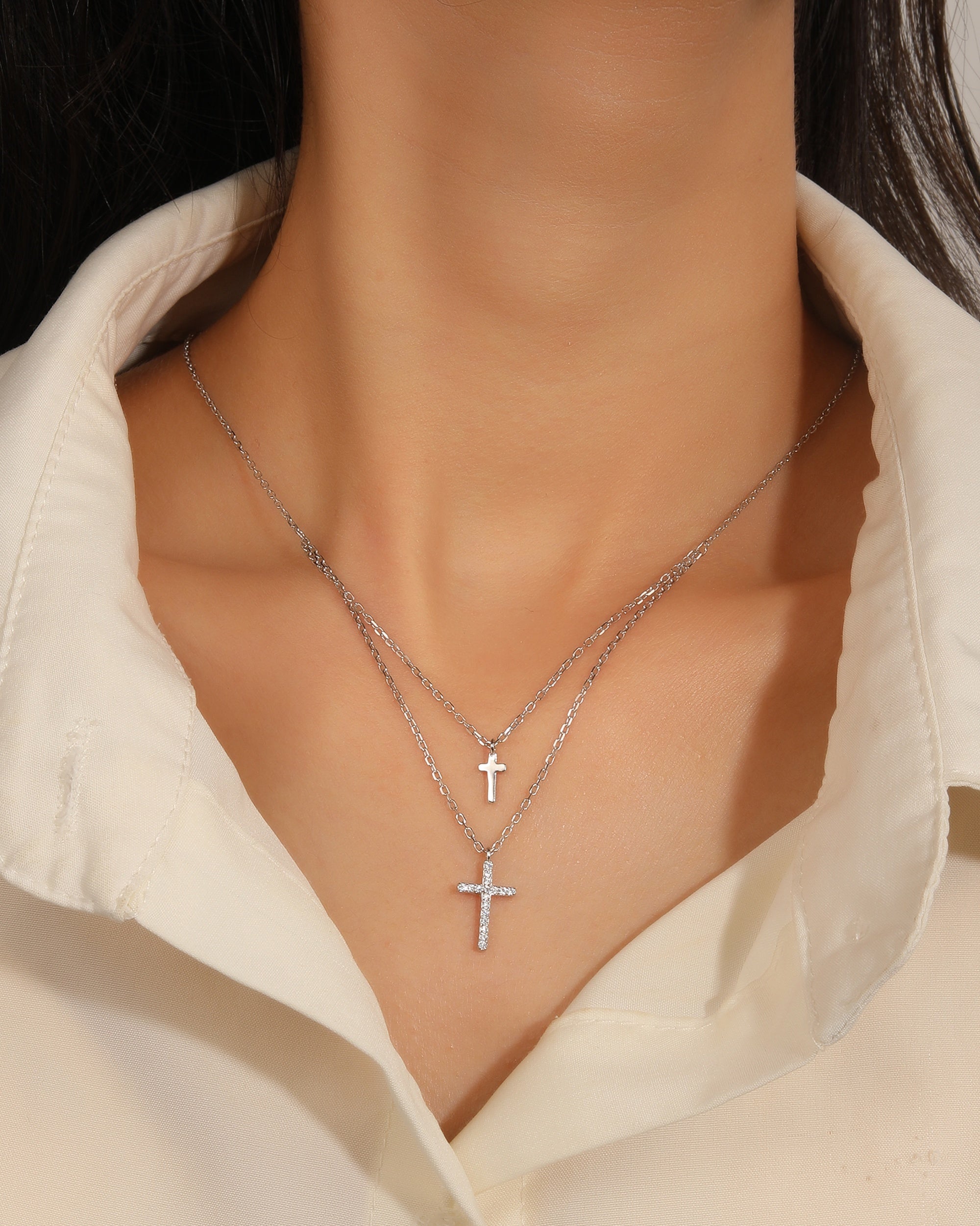Collar doble con cruces con circonias blanca 45+5cm en rodizado