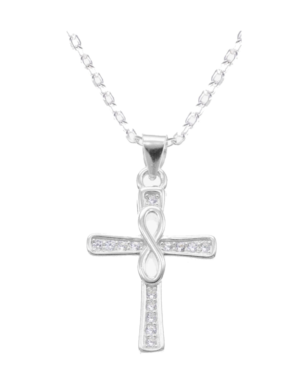 Collar de cruz con incrustación de circonias e infinito central 45+5cm en plateado