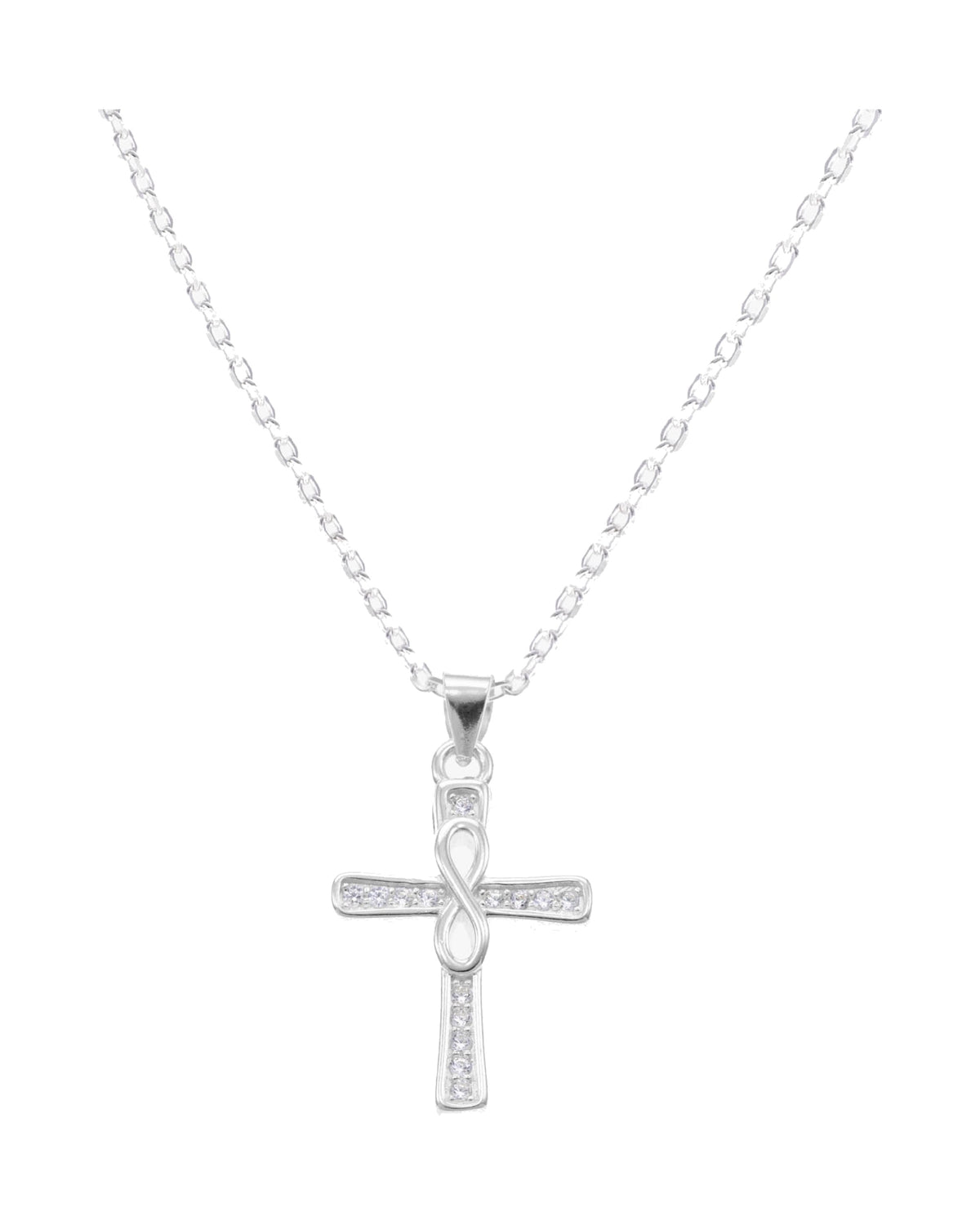 Collar de cruz con incrustación de circonias e infinito central 45+5cm en rodizado