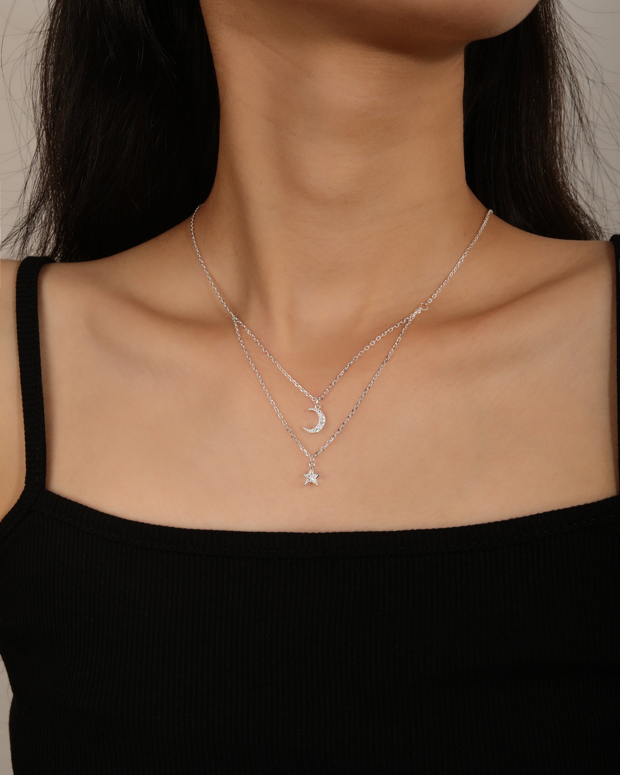 Collar luna y estrella con circonias blanca 45+5cm en plateado