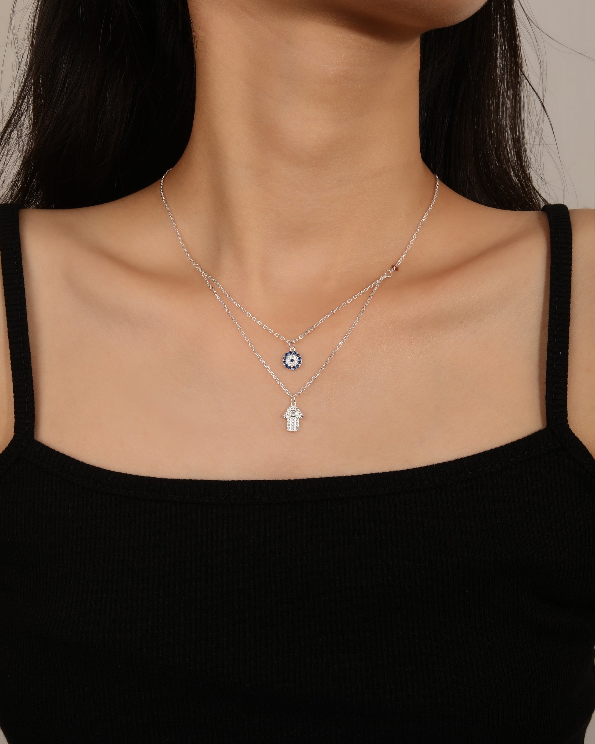 Collar mano de fatima con circonias multicolor 45+5cm en plateado