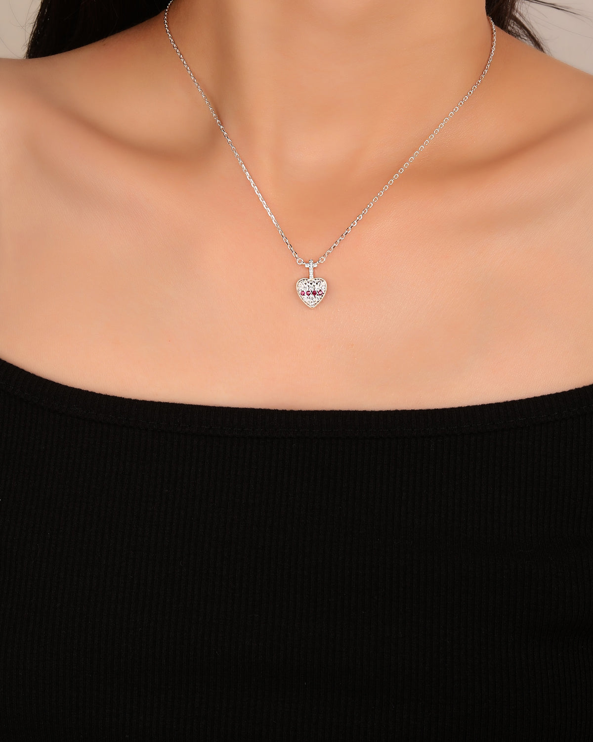 Collar dije de cruz y corazón con circonias 45+5cm en plateado