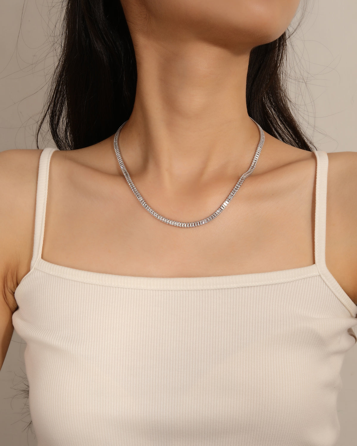 Collar tenis 15x3mm baguette con circonia blanca de 40+5cm en rodizado