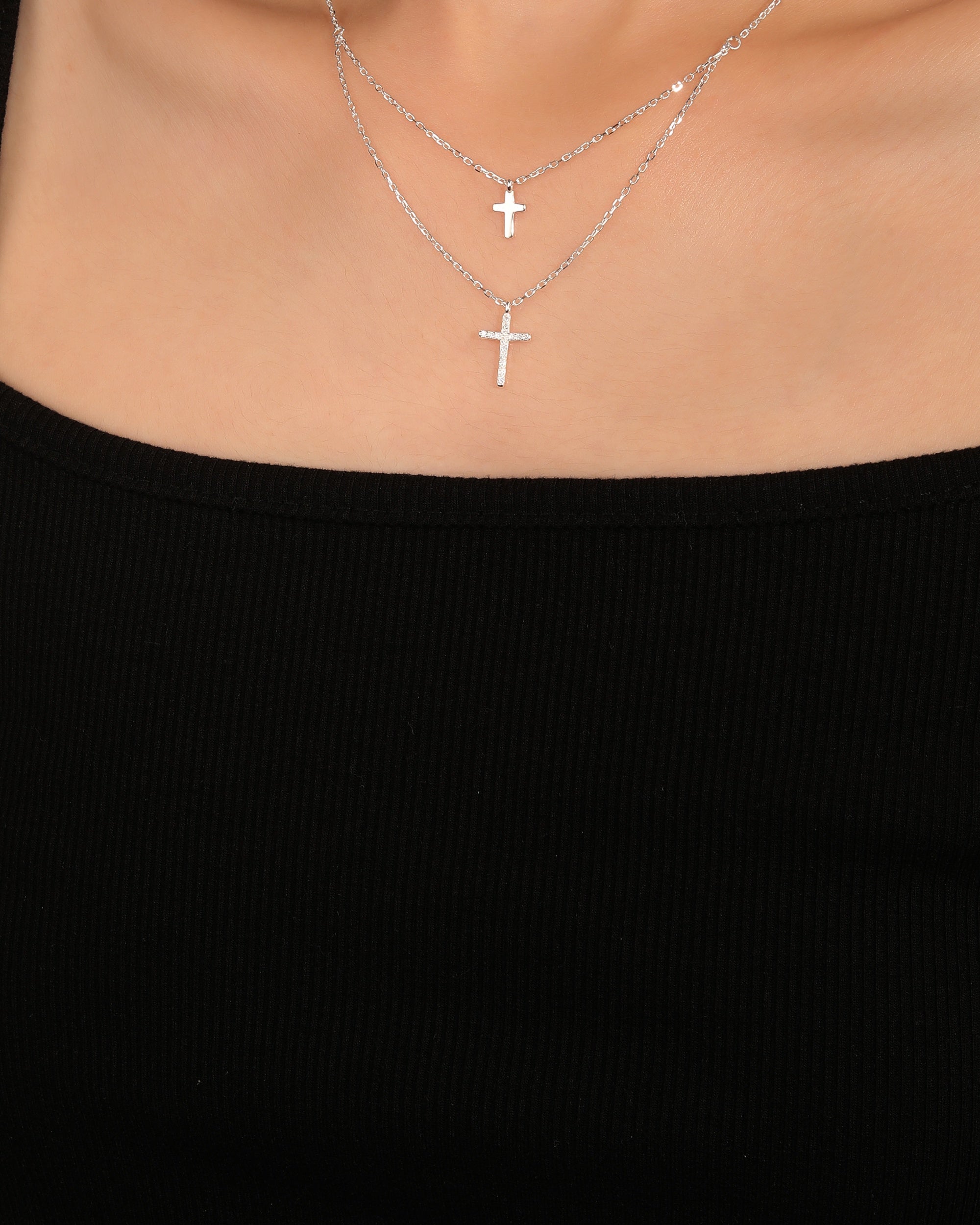 Collar doble con Cruces con circonia blanca 45+5cm en plateado