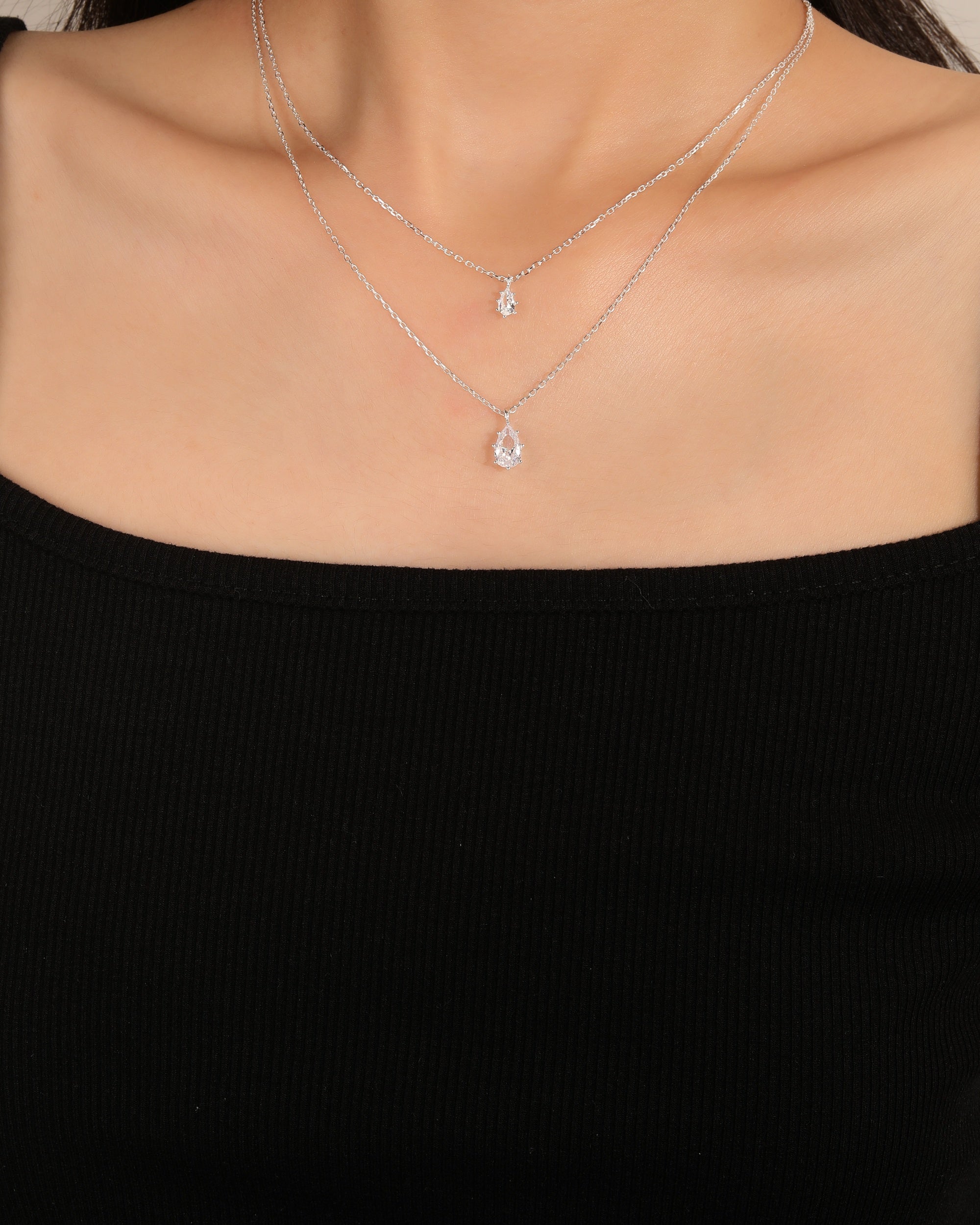 Collar doble con circonias gota blanca 45+5cm en plateado