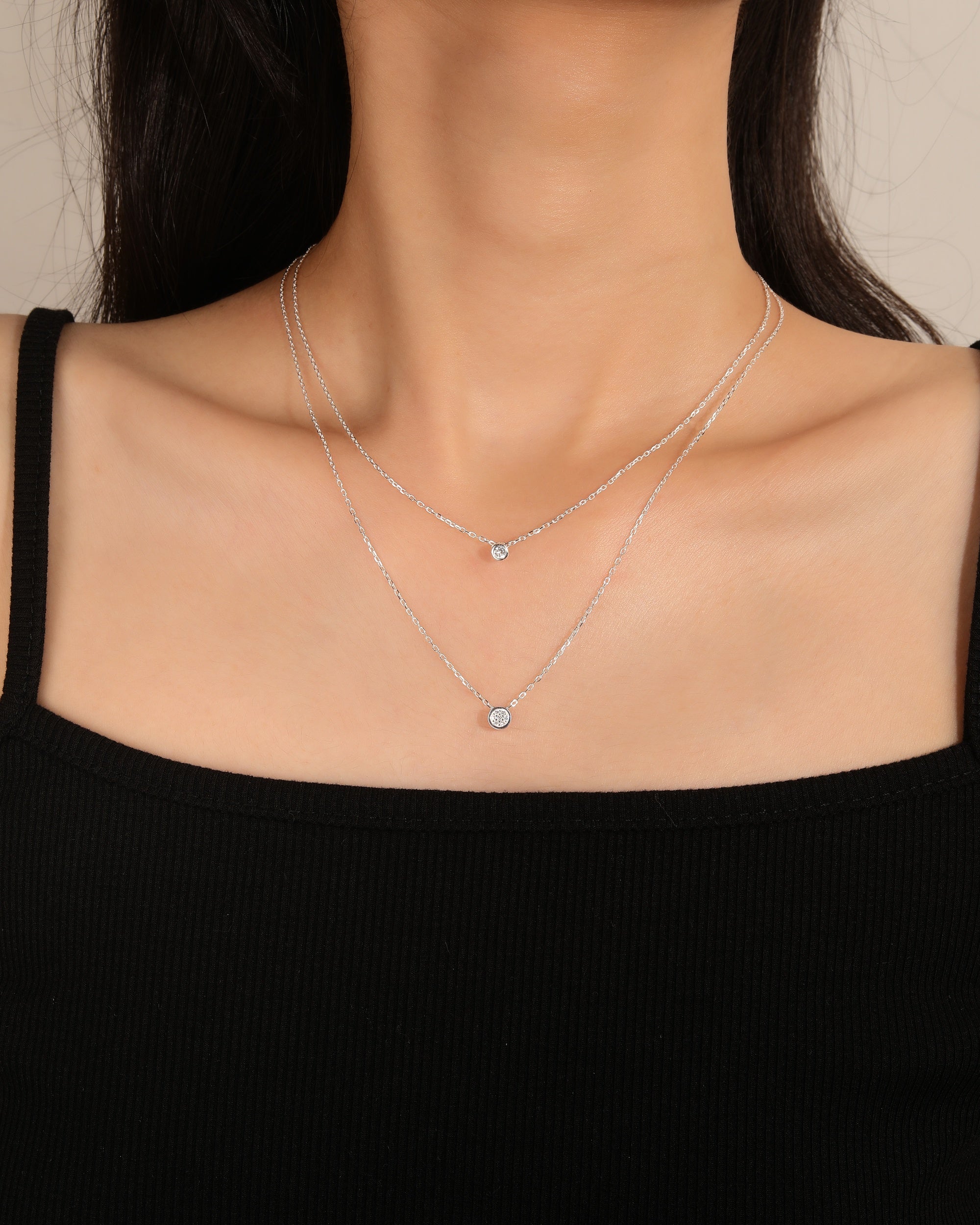 Collar doble con circonia redonda blanca de 45+5cm en plateado