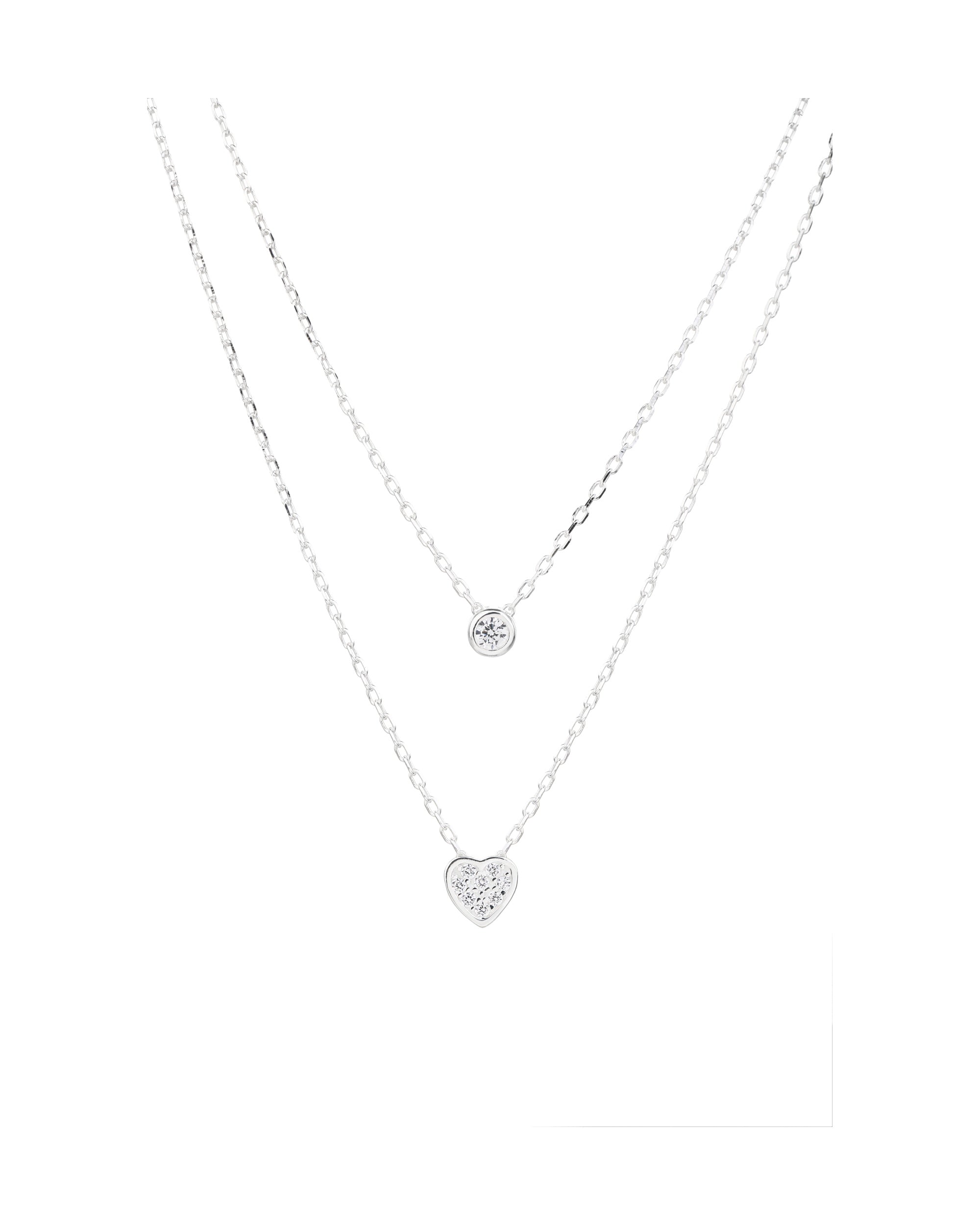 Collar doble de corazon y circulo con circonia blanca 45+5cm en plateado
