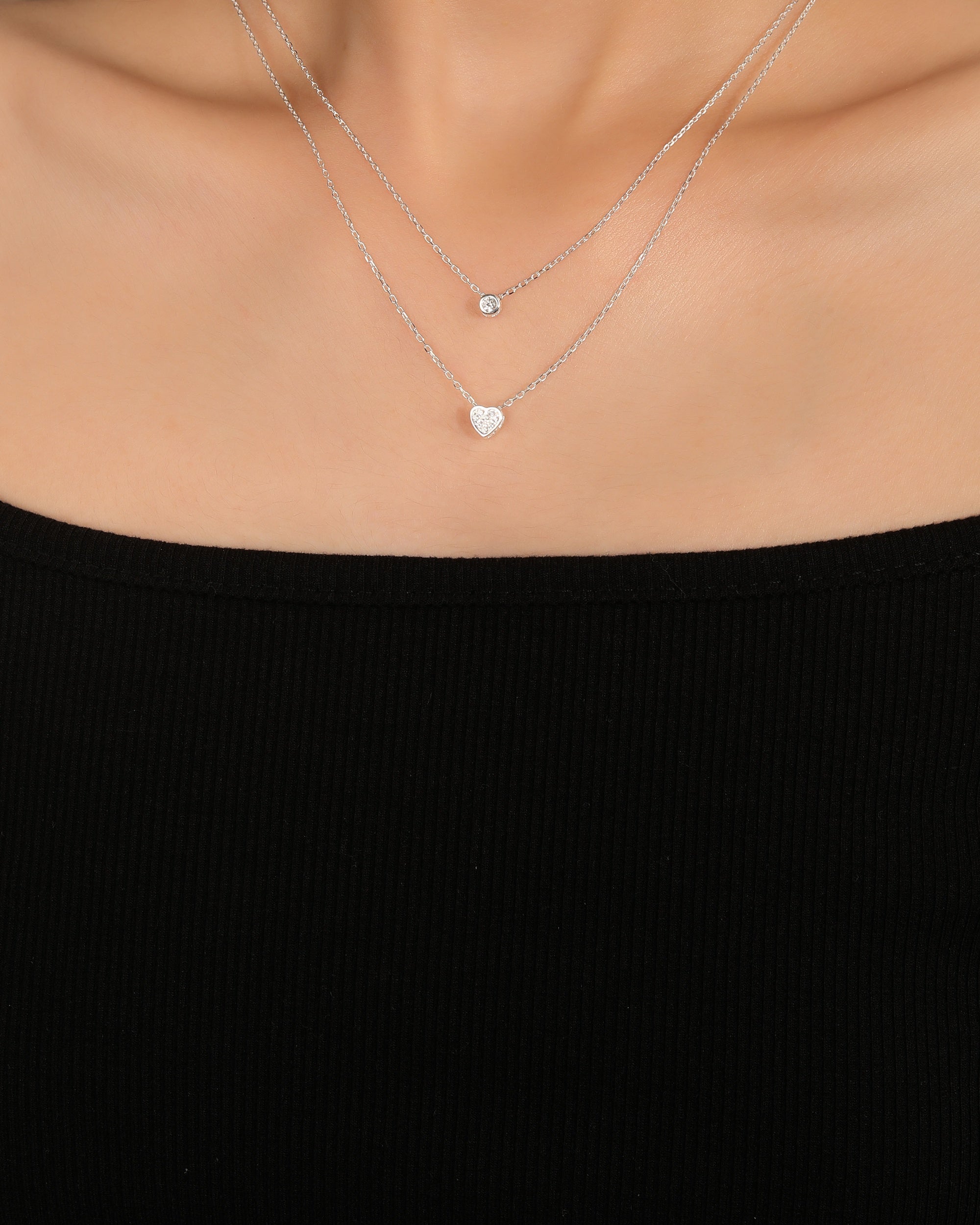 Collar doble de corazon y circulo con circonia blanca 45+5cm en plateado