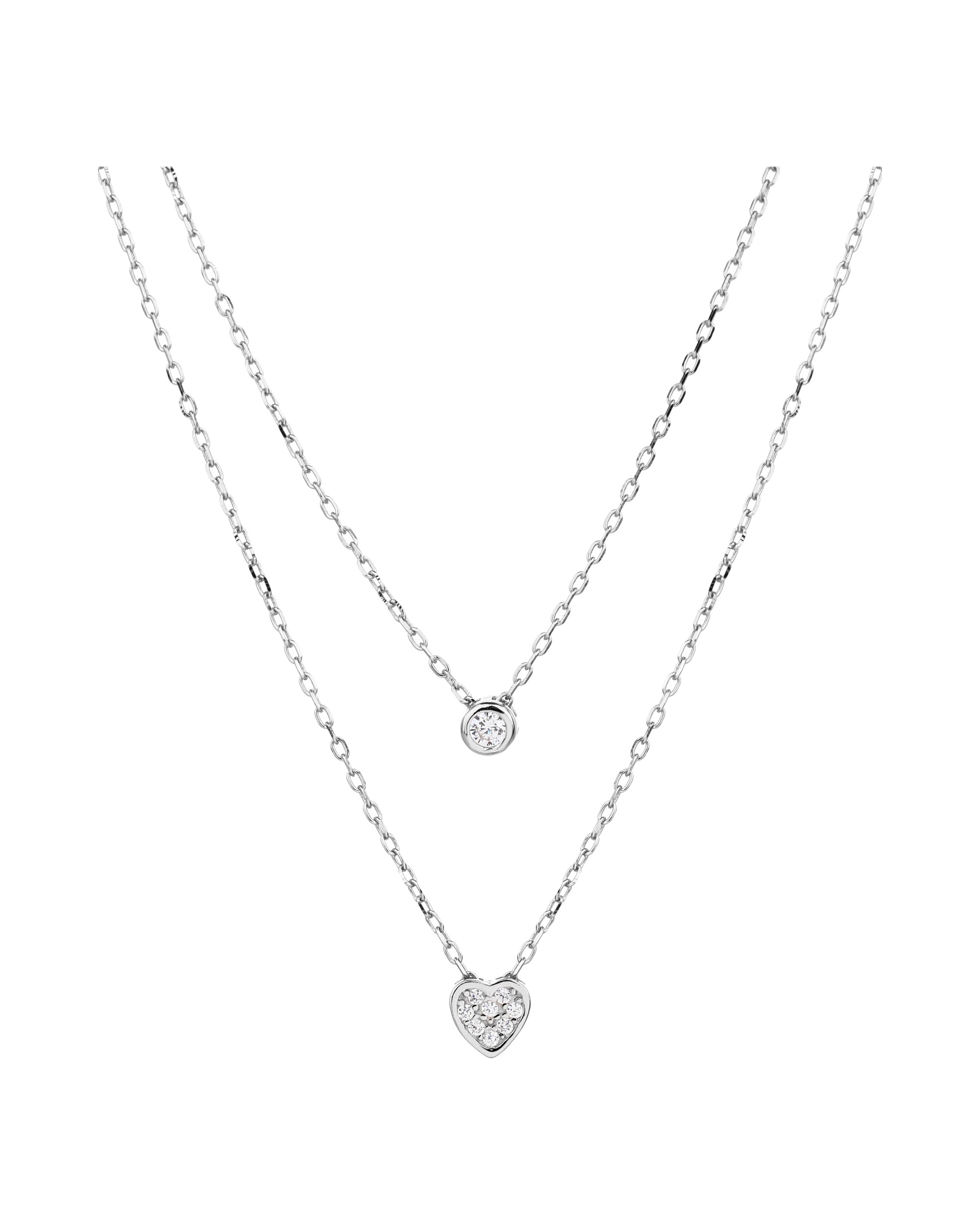 Collar doble de corazon y circulo con circonia blanca 45+5cm en rodizado