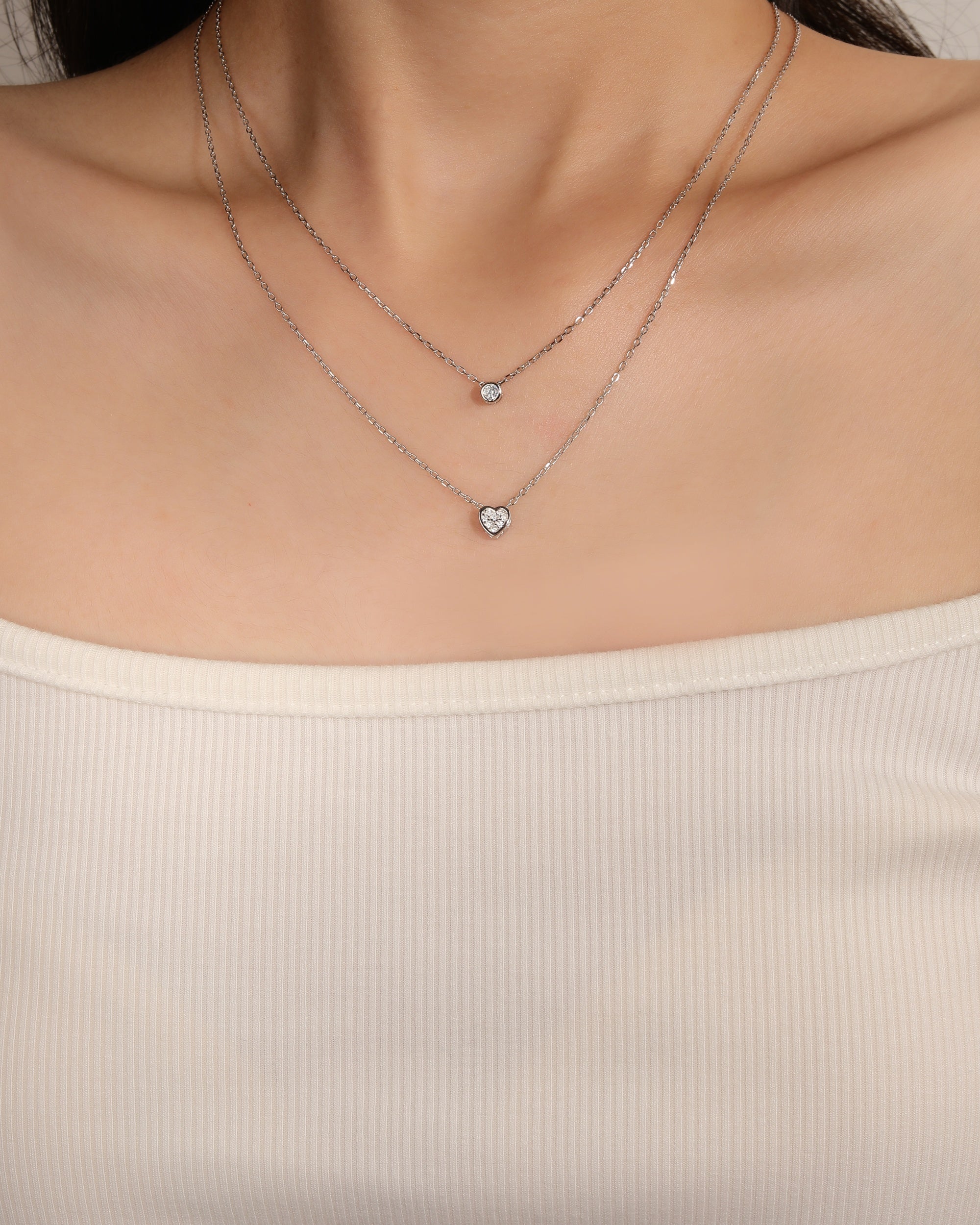 Collar doble de corazon y circulo con circonia blanca 45+5cm en rodizado