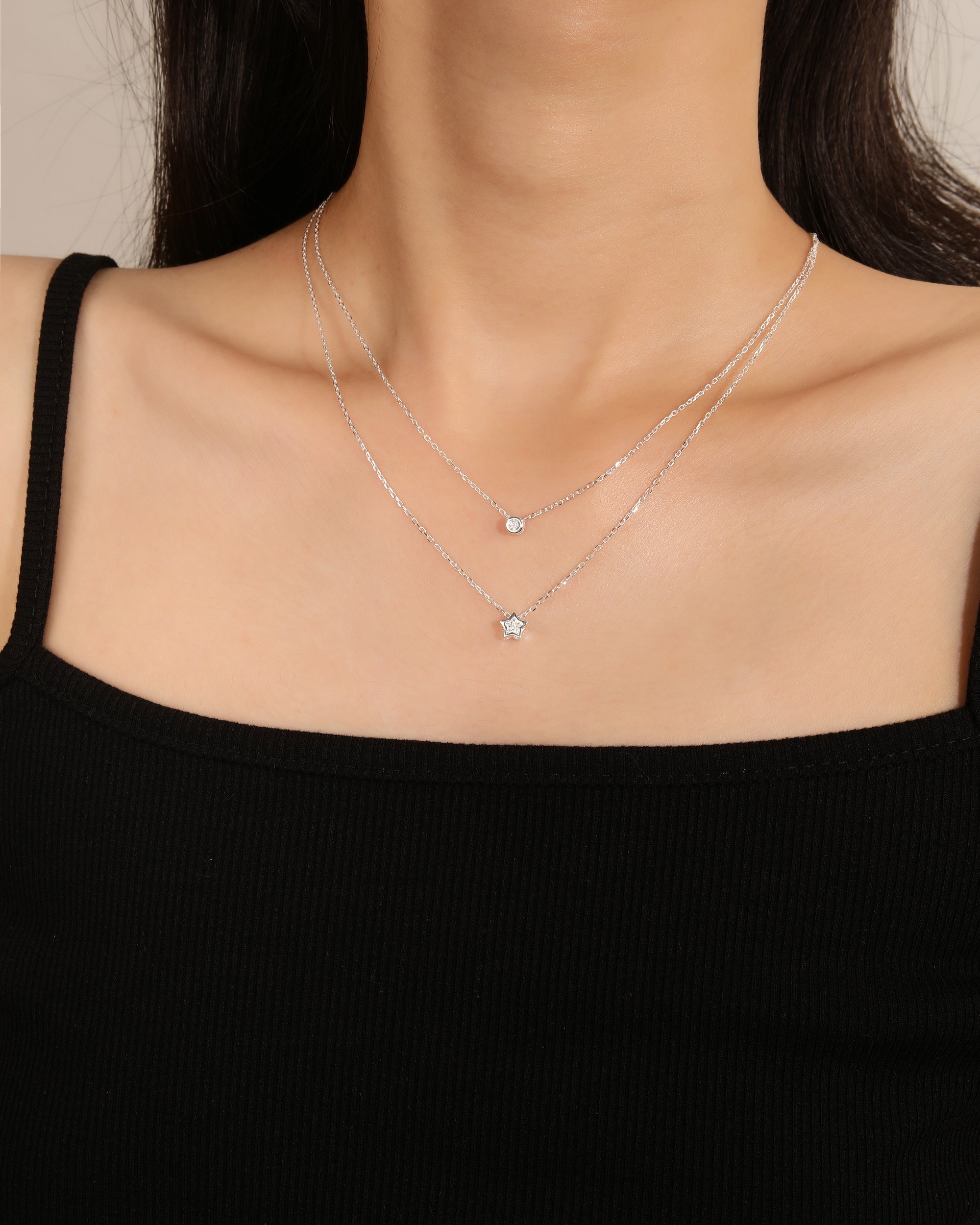 Collar doble estrella con circonia blanca de 45+5cm en plateado