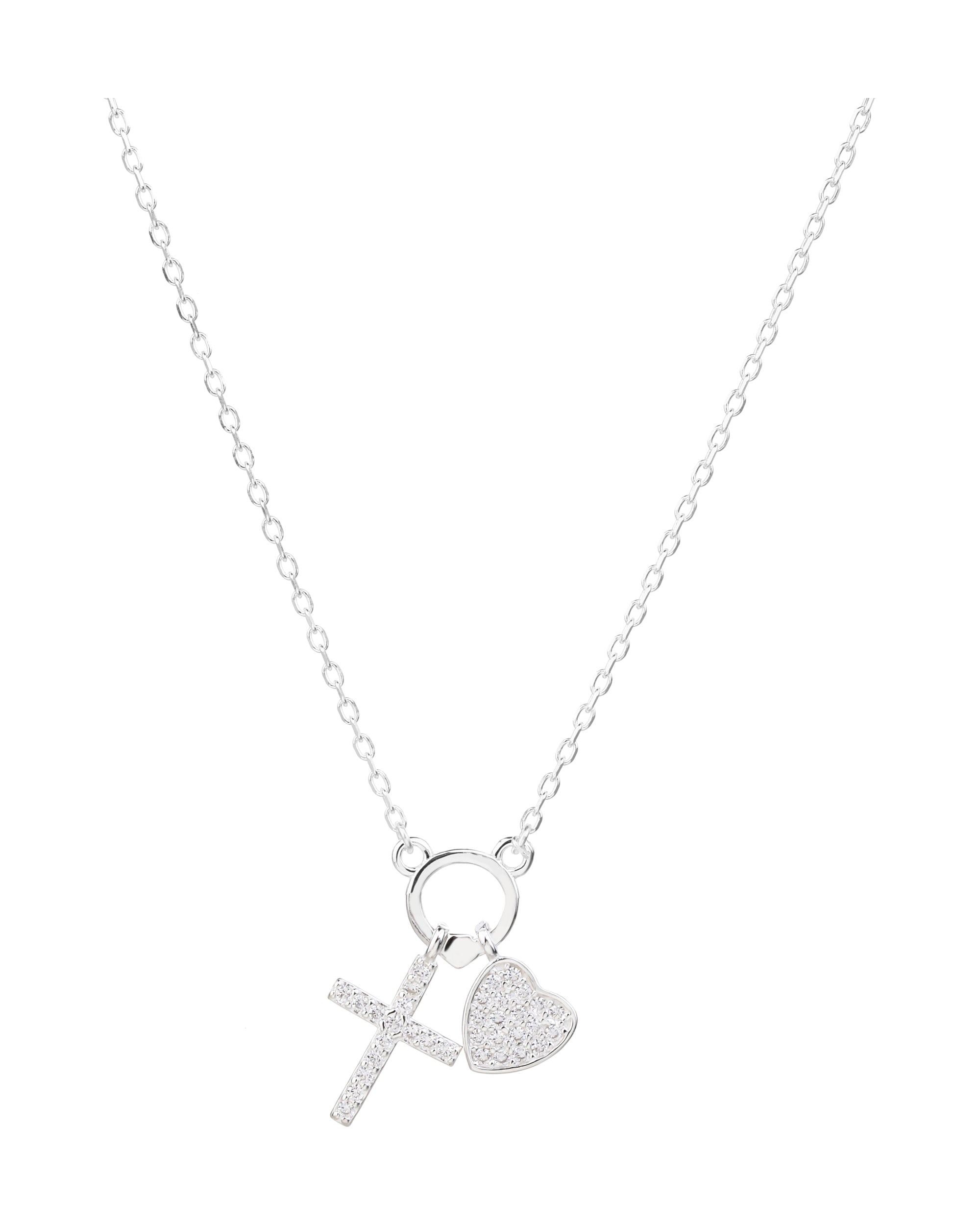 Collar sencillo de Cruz y corazon con circonia blanca 45+5cm en plateado