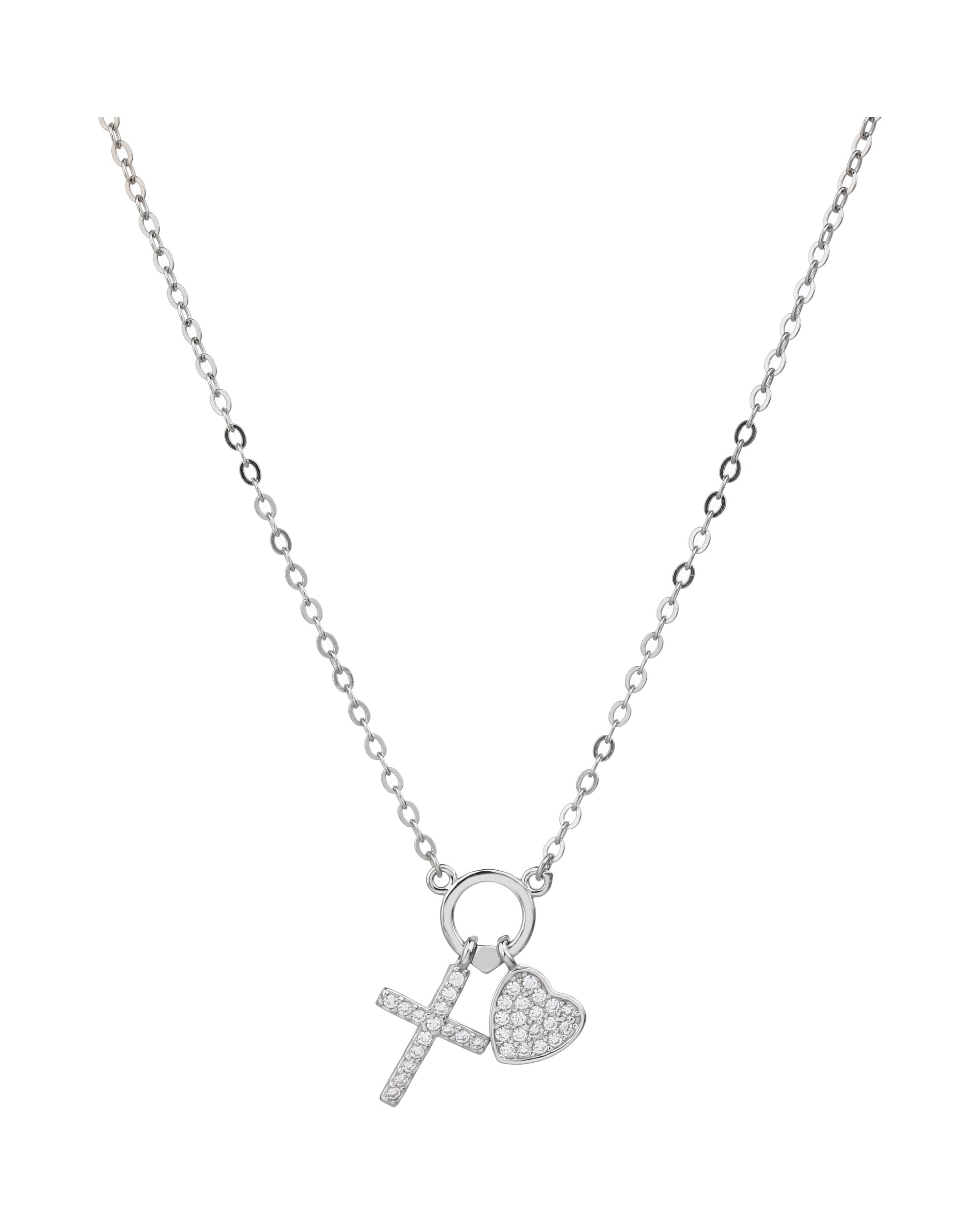 Collar sencillo de Cruz y corazon con circonia blanca 45+5cm en rodizado