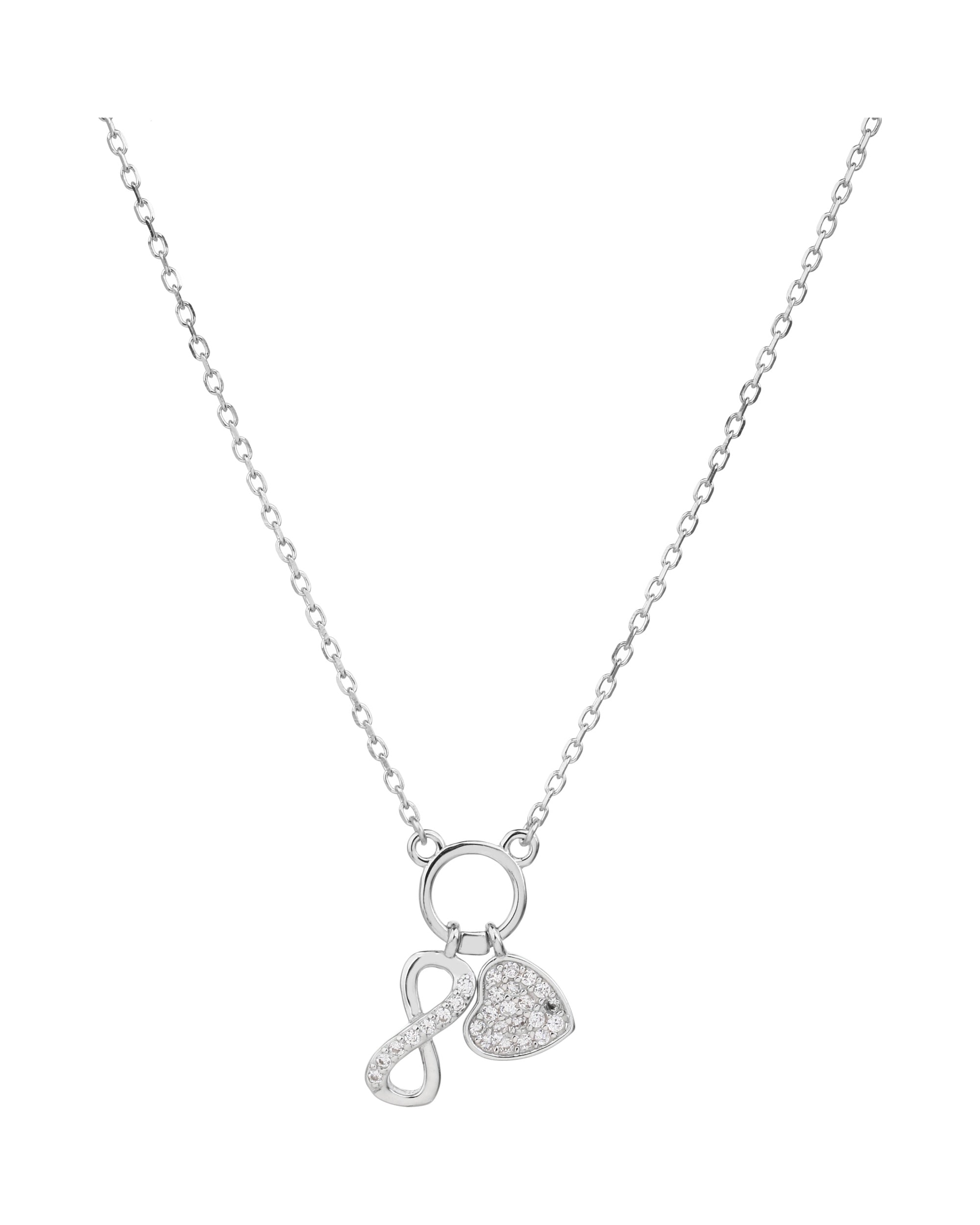 Collar sencillo de corazon e infinito con circonia blanca 45+5cm en rodizado